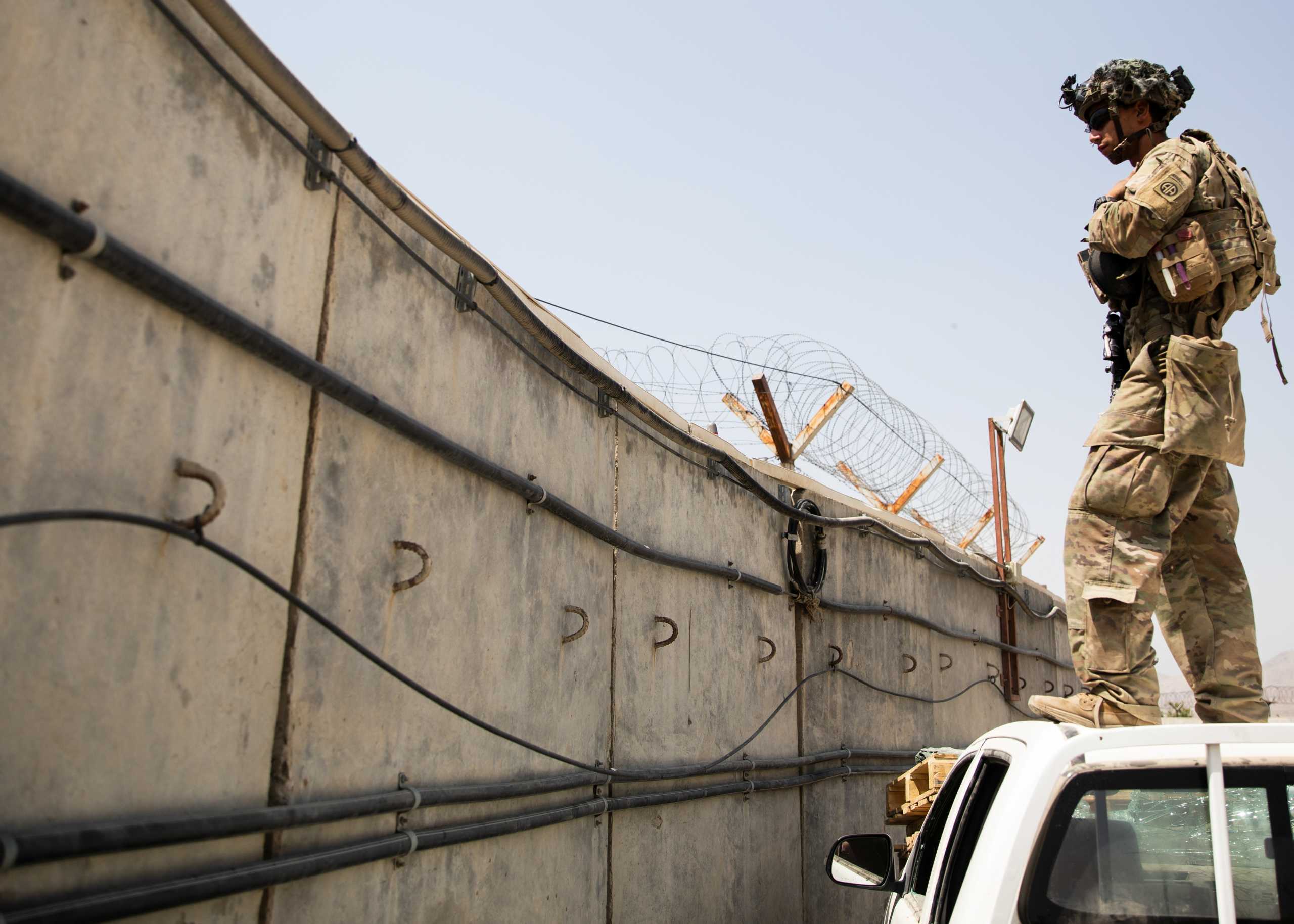 A Paratrooper assigned to the 82nd Airborne Division conducts security as evacuations continued at Hamid Karzai International Airport in Kabul, Afghanistan, August 29, 2021. Picture taken August 29, 2021.  U.S. Army