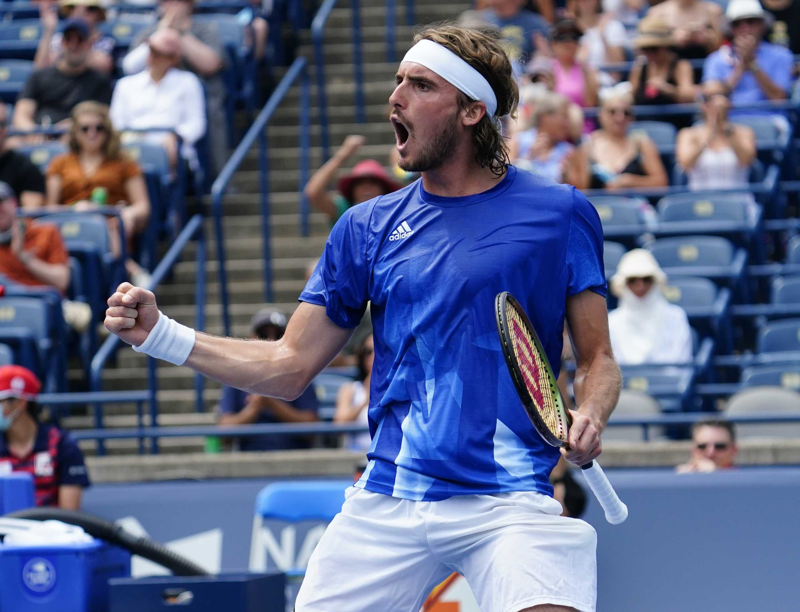Aug 13, 2021; Toronto, Ontario, Canada; Stefanos Tsitsipas of Greece reacts after the winning point over Casper Ruud of Norway (not pictured) at Aviva Centre. Mandatory Credit: John E. Sokolowski-USA TODAY Sports
