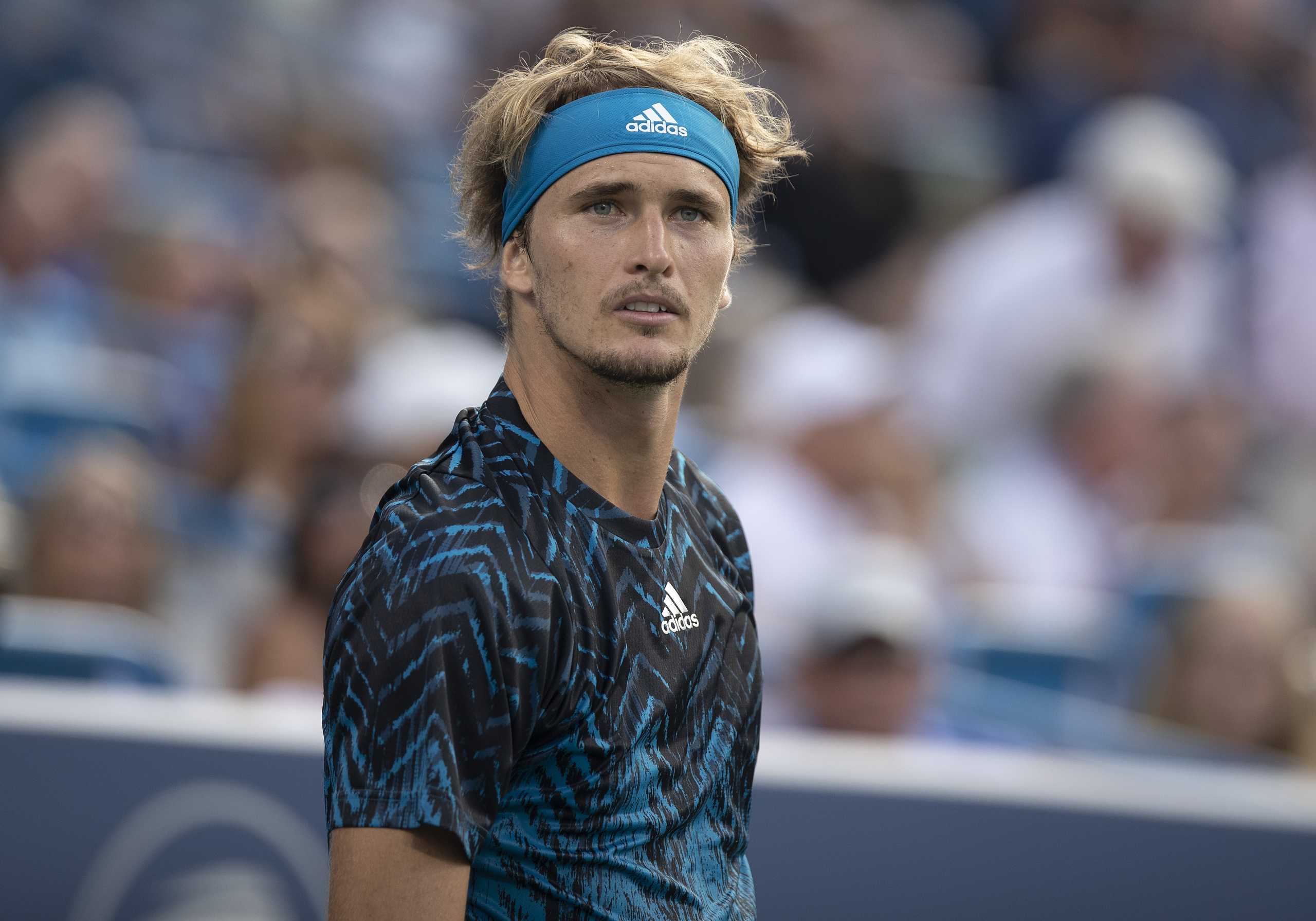 Aug 21, 2021; Mason, OH, USA; Alexander Zverev (GER) waits for Stefanos Tsitsipas (GRE not pictured) to come back to the court after the first set of their semifinal match against during the Western and Southern Open at the Lindner Family Tennis Center. Mandatory Credit: Susan Mullane-USA TODAY Sports