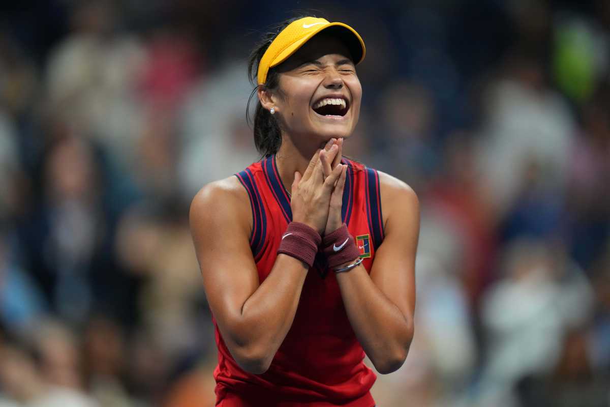 Sep 9, 2021; Flushing, NY, USA; Emma Raducanu of Great Britain celebrates after match point against Maria Sakkari of Greece (not pictured) on day eleven of the 2021 U.S. Open tennis tournament at USTA Billie Jean King National Tennis Center. Mandatory Credit: Danielle Parhizkaran-USA TODAY Sports