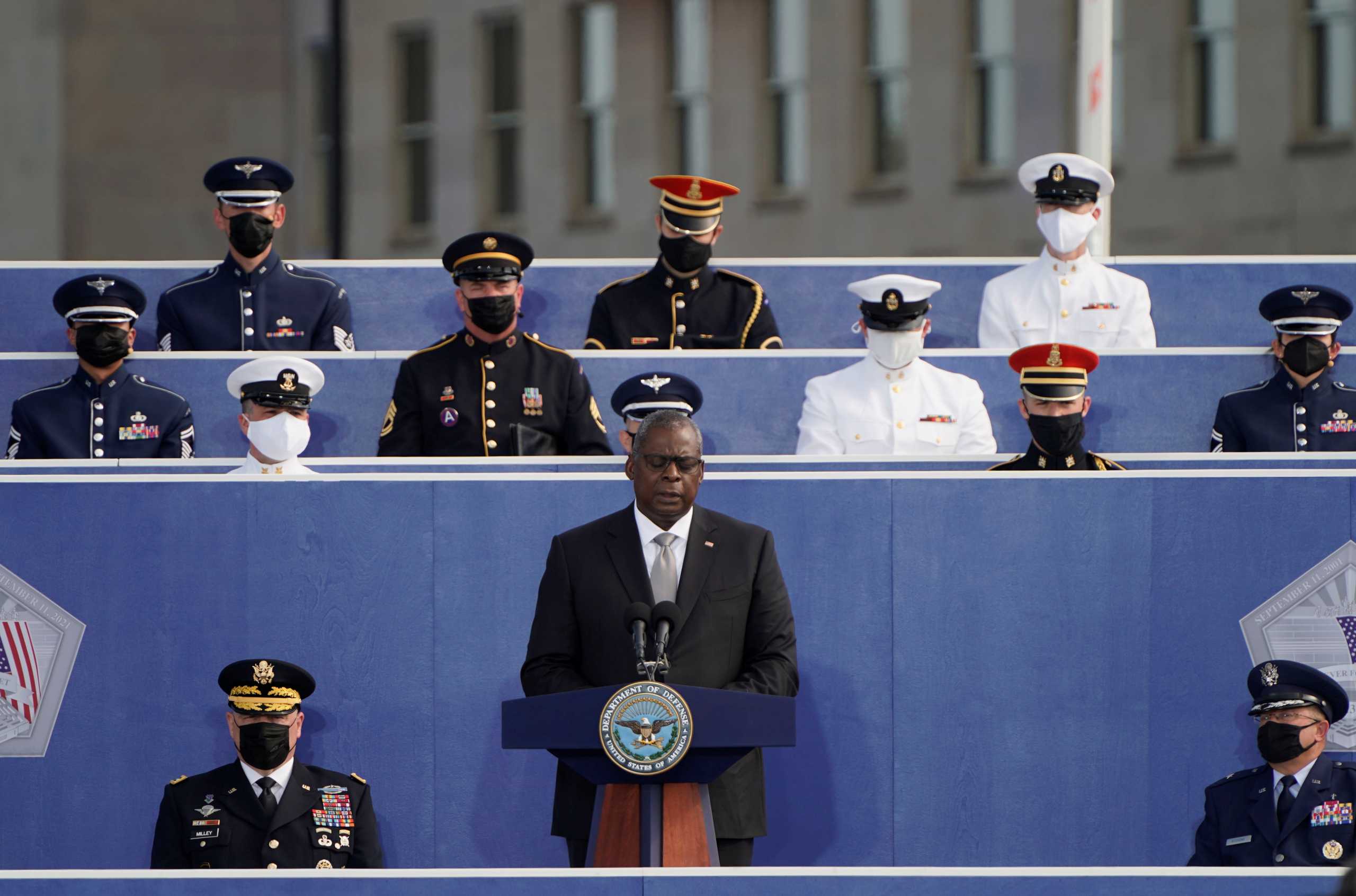 Secretary of Defense Lloyd Austin delivers a speech during the 20th annual September 11 observance ceremony at the Pentagon in Washington, U.S., September 11, 2021.  REUTERS