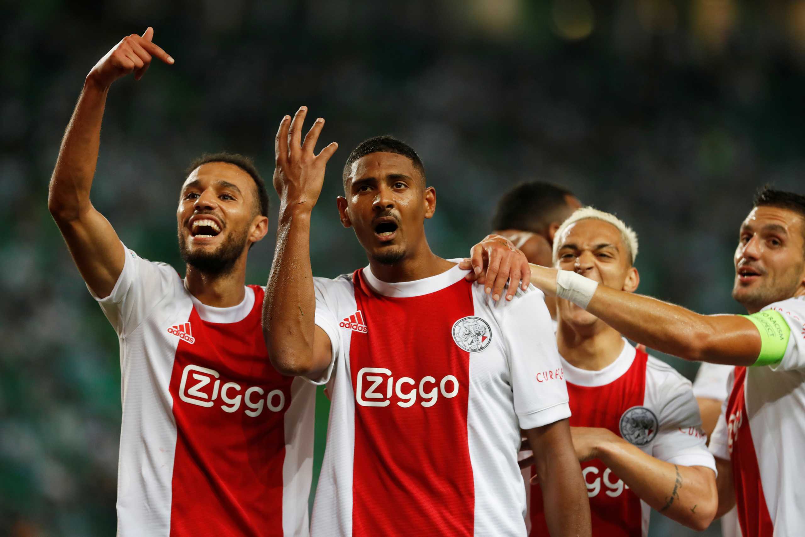 Soccer Football - Champions League - Group C - Sporting Lisbon v Ajax - Jose Alvalade Stadium, Lisbon, Portugal - September 15, 2021 Ajax's Sebastien Haller celebrates scoring their fifth goal and his fourth REUTERS