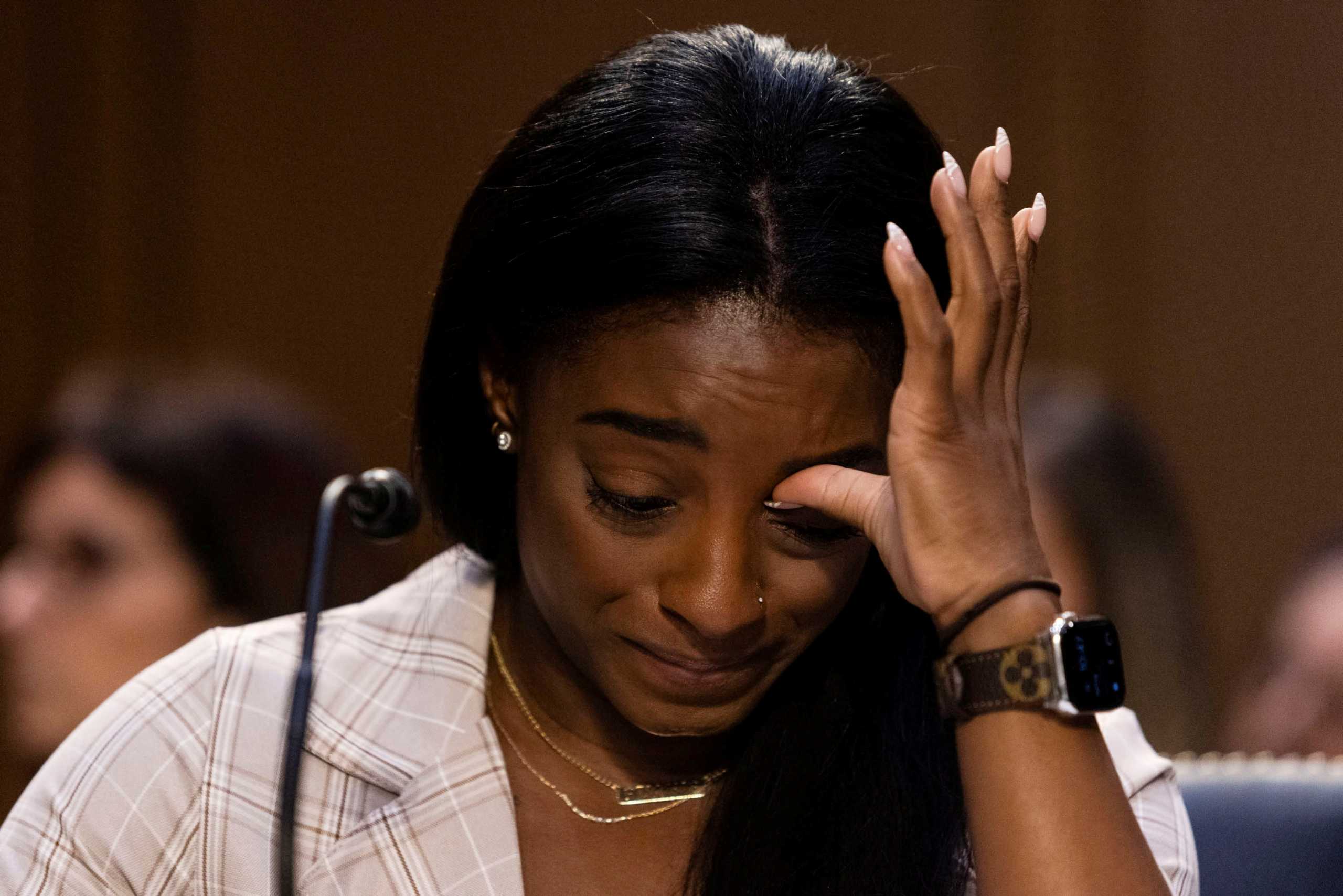 U.S. Olympic gymnast Simone Biles testifies during a Senate Judiciary hearing about the Inspector General's report on the FBI handling of the Larry Nassar investigation of sexual abuse of Olympic gymnasts, on Capitol Hill, in Washington, D.C., U.S., September 15, 2021. Graeme Jennings