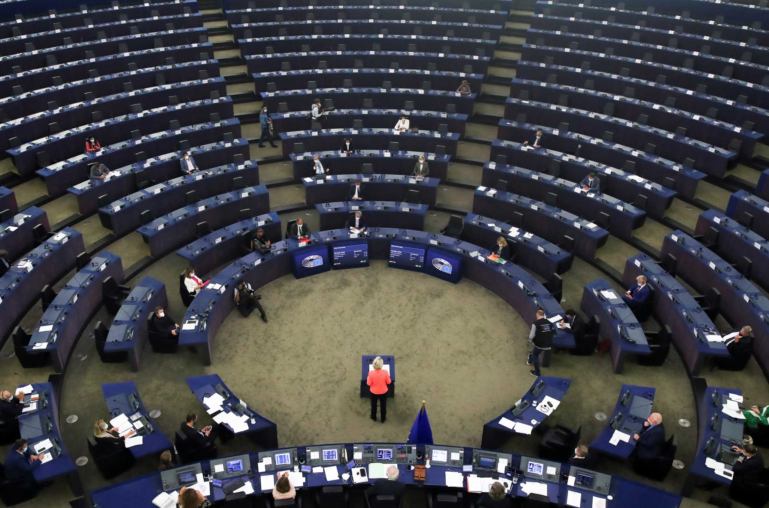 European Commission President Ursula von der Leyen delivers a speech during a debate on "The State of the European Union" at the European Parliament in Strasbourg, France, September 15, 2021.  REUTERS