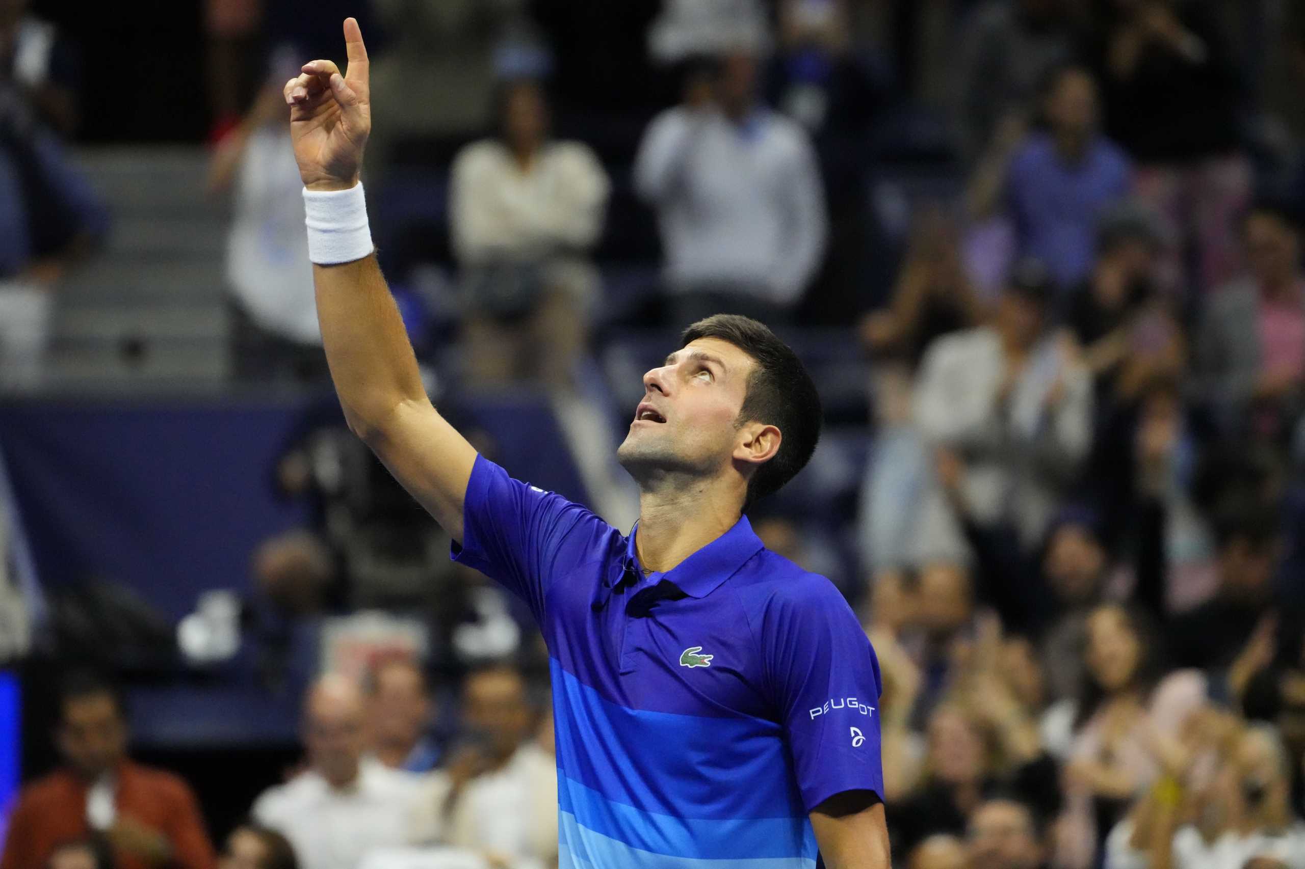 Sep 10, 2021; Flushing, NY, USA; Novak Djokovic of Serbia celebrates after his match against Alexander Zverev of Germany (not pictured) on day twelve of the 2021 U.S. Open tennis tournament at USTA Billie Jean King National Tennis Center. Mandatory Credit: Robert Deutsch-USA TODAY Sports