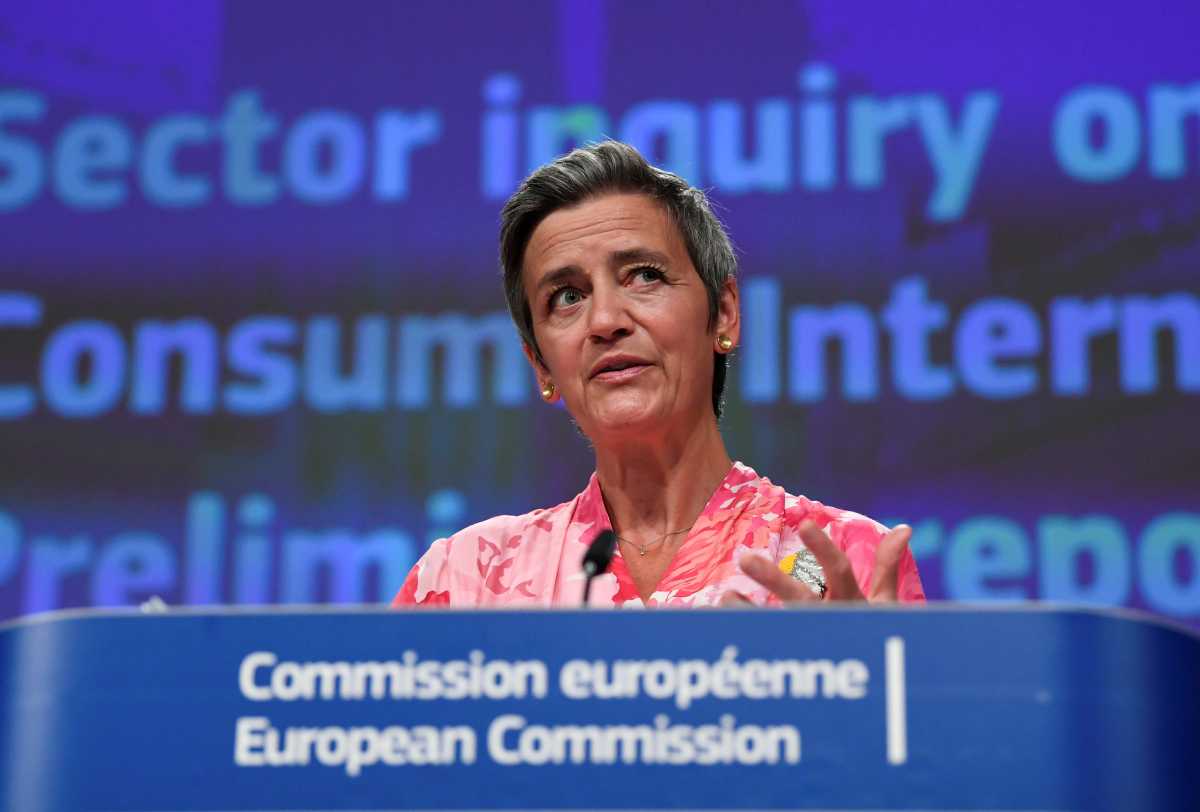 FILE PHOTO: European Commissioner Margrethe Vestager speaks during a news conference on a competition sector inquiry at the EU headquarters in Brussels, Belgium June 9, 2021. John Thys