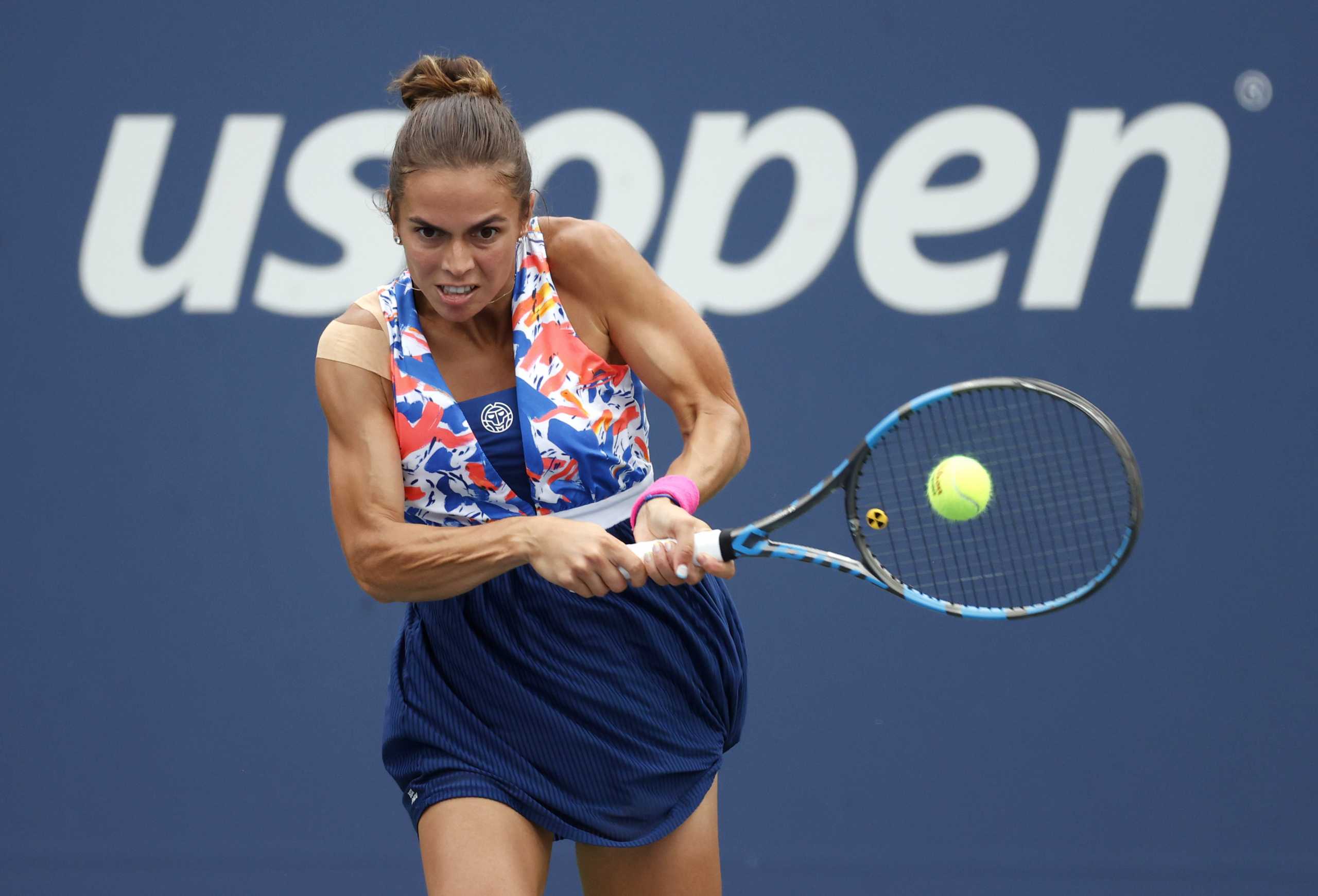 Sep 1, 2021; Flushing, NY, USA; Valentini Grammatikopoulou of Greece hits a shot against Elise Mertens of Belgium in a second round match on day three of the 2021 U.S. Open tennis tournament at USTA Billie Jean King National Tennis Center. Mandatory Credit: Jerry Lai-USA TODAY Sports