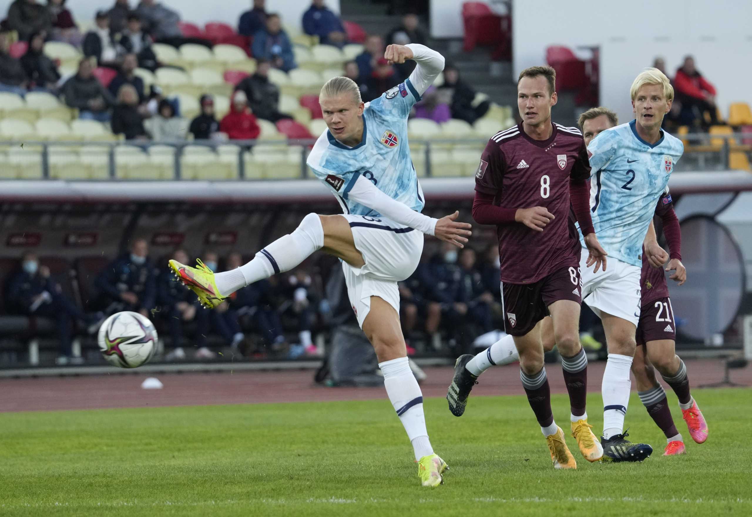 Soccer Football - World Cup - UEFA Qualifiers - Group G - Latvia v Norway - Daugava Stadium, Riga, Latvia - September 4, 2021  Norway's Erling Haaland shoots at goal REUTERS