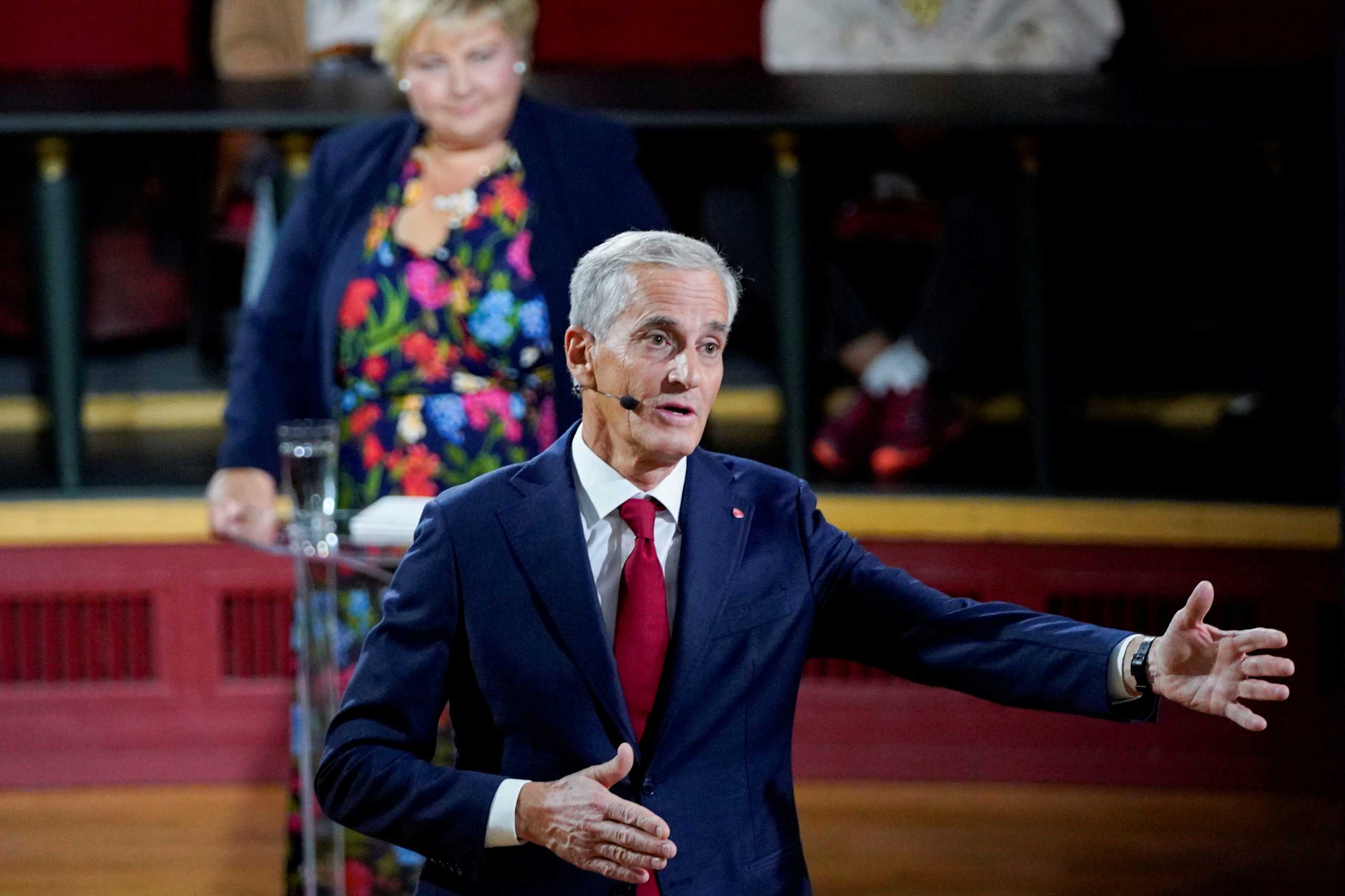 Labour Party leader Jonas Gahr Store, with Prime Minister and Conservative leader Erna Solberg at a public meeting in Trondheim, Norway, September 2, 2021. Picture taken September 2, 2021. Gorm Kallestad
