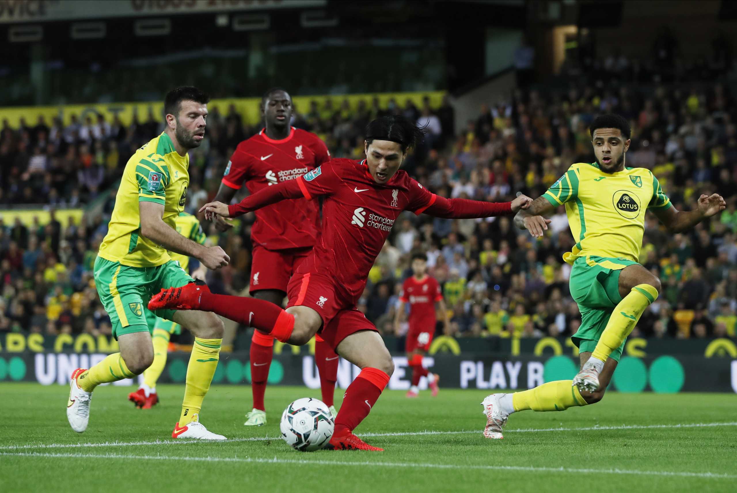 Soccer Football - Carabao Cup - Third Round - Norwich City v Liverpool - Carrow Road, Norwich, Britain - September 21, 2021 Liverpool's Takumi Minamino scores their first goal Action Images via Reuters