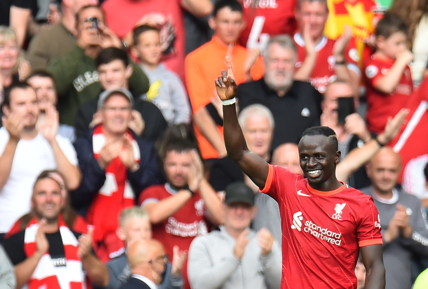 Soccer Football - Premier League - Liverpool v Crystal Palace - Anfield, Liverpool, Britain - September 18, 2021 Liverpool's Sadio Mane celebrates scoring their first goal REUTERS