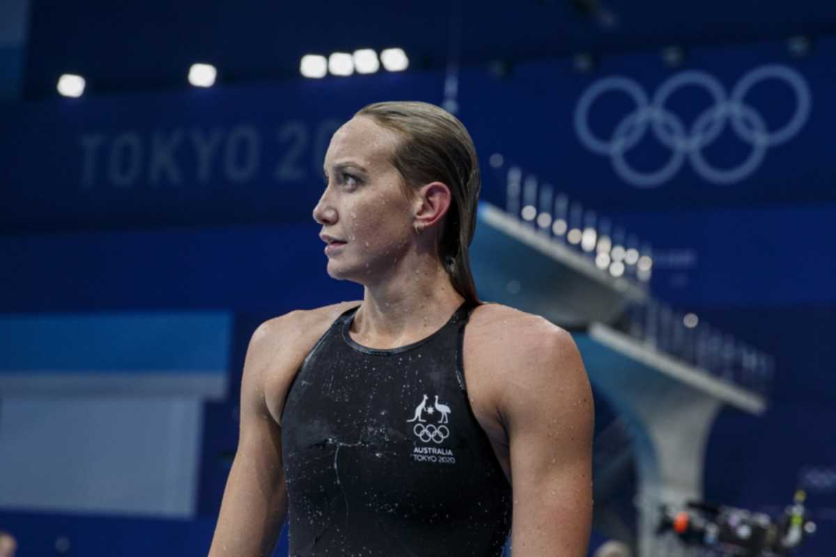 epa09367609 Madison Wilson of Australia walks out after competing in the women's 200m Freestyle Heats during the Swimming events of the Tokyo 2020 Olympic Games at the Tokyo Aquatics Centre in Tokyo, Japan, 26 July 2021.  EPA