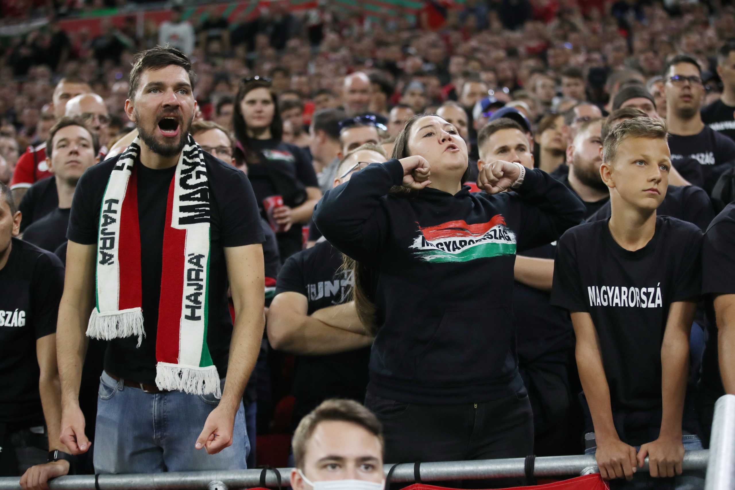 Soccer Football - World Cup - UEFA Qualifiers - Group I - Hungary v England - Puskas Arena, Budapest, Hungary - September 2, 2021 Hungary fan is seen gesturing and chanting towards England's Raheem Sterling REUTERS