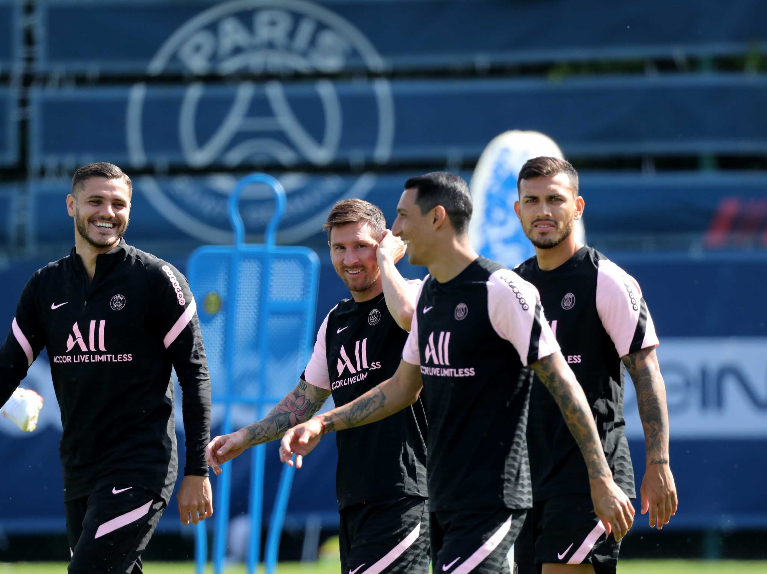 Soccer Football - Paris St Germain Training - Ooredoo Training Centre, Saint-Germain-en-Laye, France - August 13, 2021 Paris St Germain's Lionel Messi, Angel Di Maria and Mauro Icardi during training REUTERS