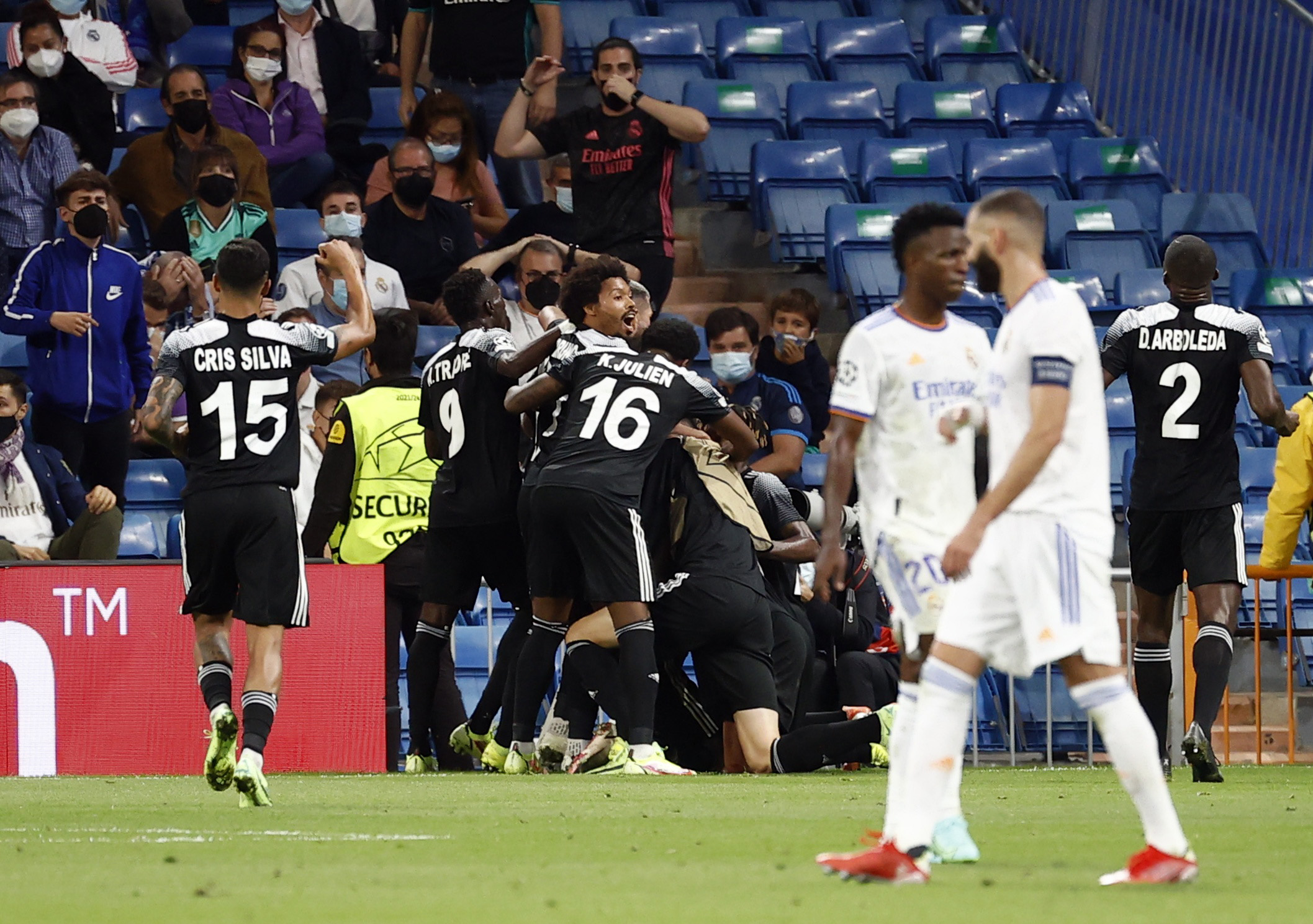Soccer Football - Champions League - Group D - Real Madrid v Sheriff Tiraspol - Santiago Bernabeu, Madrid, Spain - September 28, 2021 Sheriff Tiraspol's Sebastien Thill celebrates scoring their second goal with teammates REUTERS