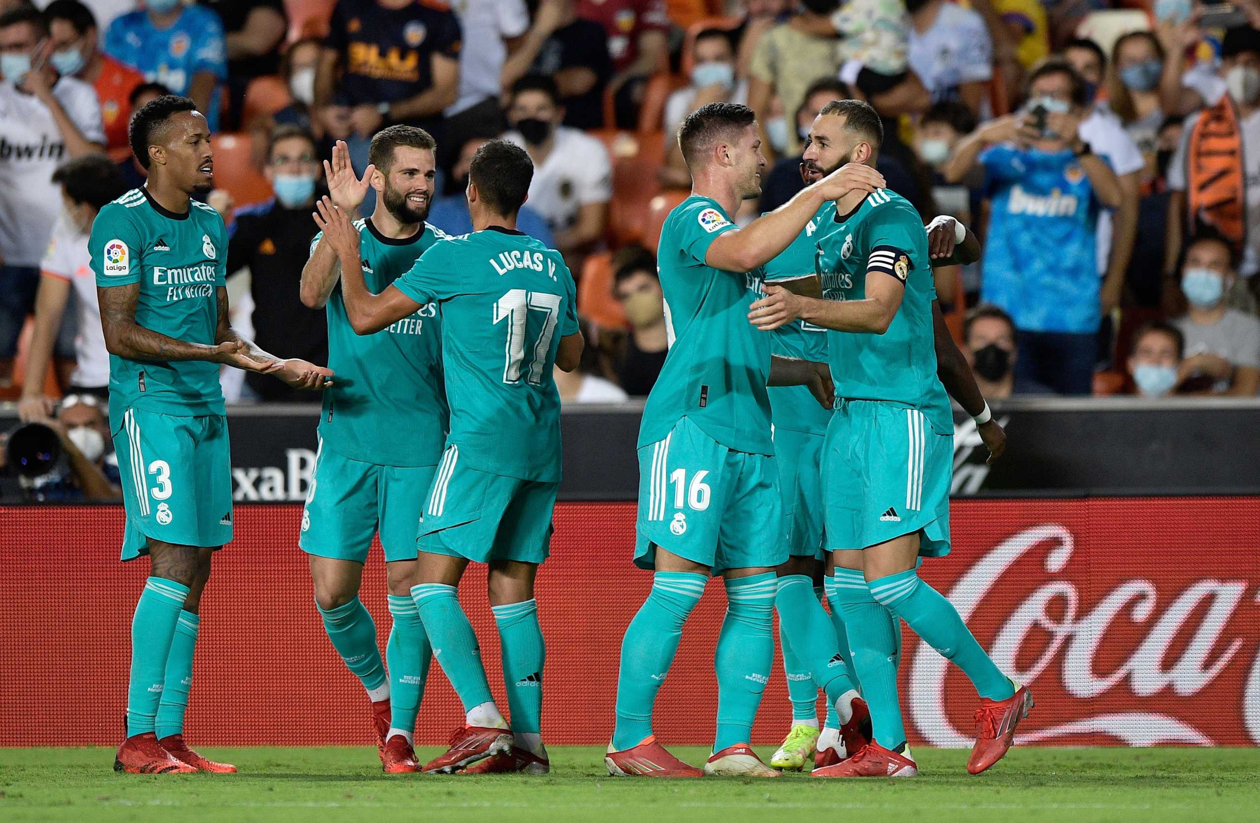 Soccer Football - LaLiga - Valencia v Real Madrid - Mestalla, Valencia, Spain - September 19, 2021 Real Madrid's Karim Benzema celebrates scoring their second goal REUTERS