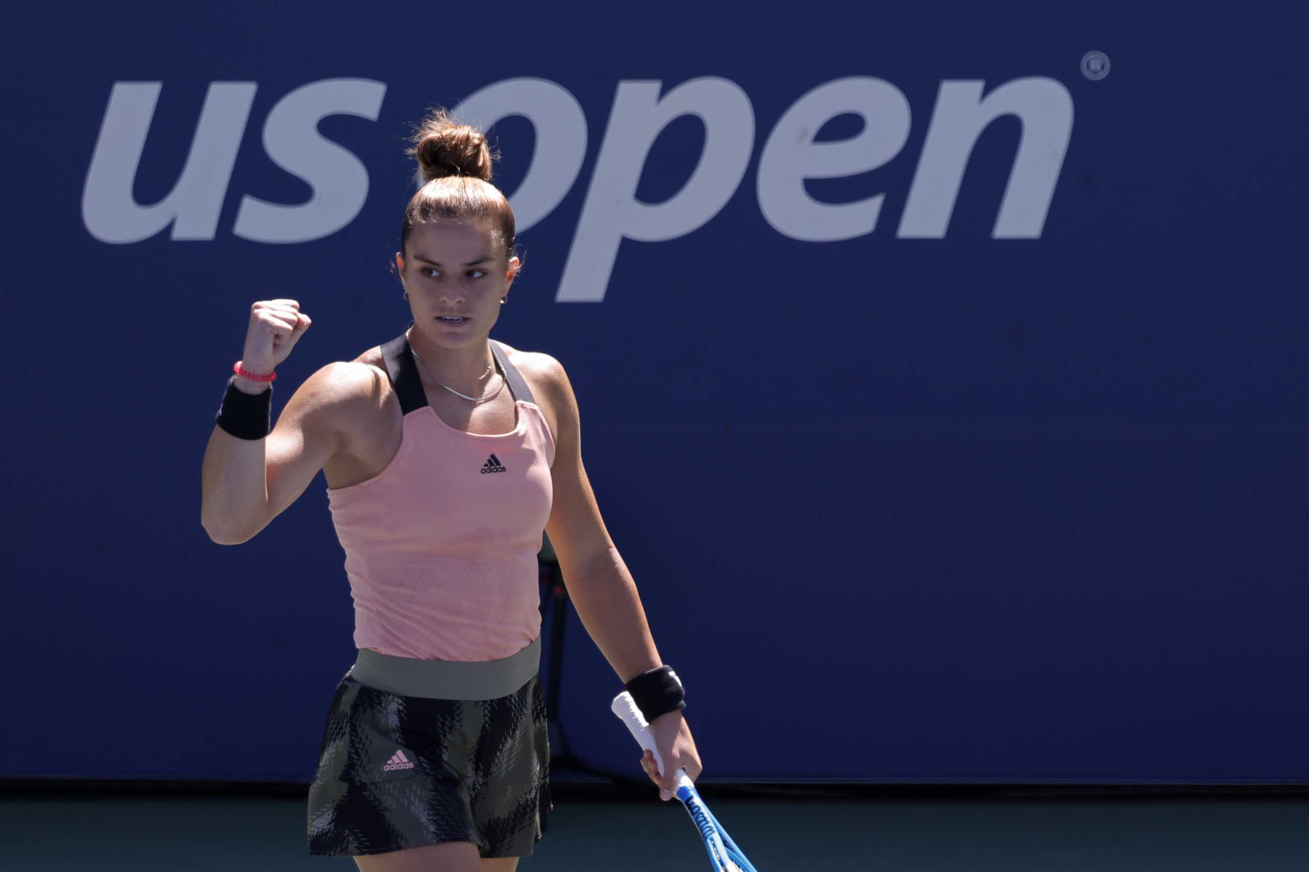 Sep 2, 2021; Flushing, NY, USA; Maria Sakkari of Greece reacts after winning the first set against Katerina Siniakova of Czech Republic (not pictured) on day four of the 2021 U.S. Open tennis tournament at USTA Billie Jean King National Tennis Center. Mandatory Credit: Geoff Burke-USA TODAY Sports