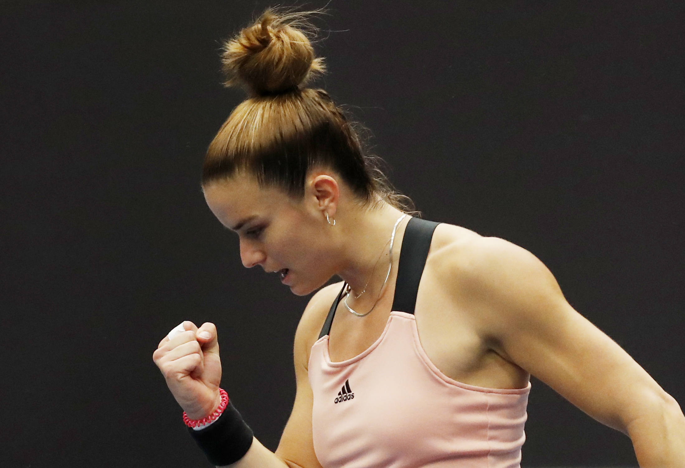 Tennis - WTA 500 - Ostrava Open - CEZ Arena, Ostrava, Czech Republic - September 25, 2021  Greece's Maria Sakkari reacts during her semi final match against Poland's Iga Swiatek REUTERS
