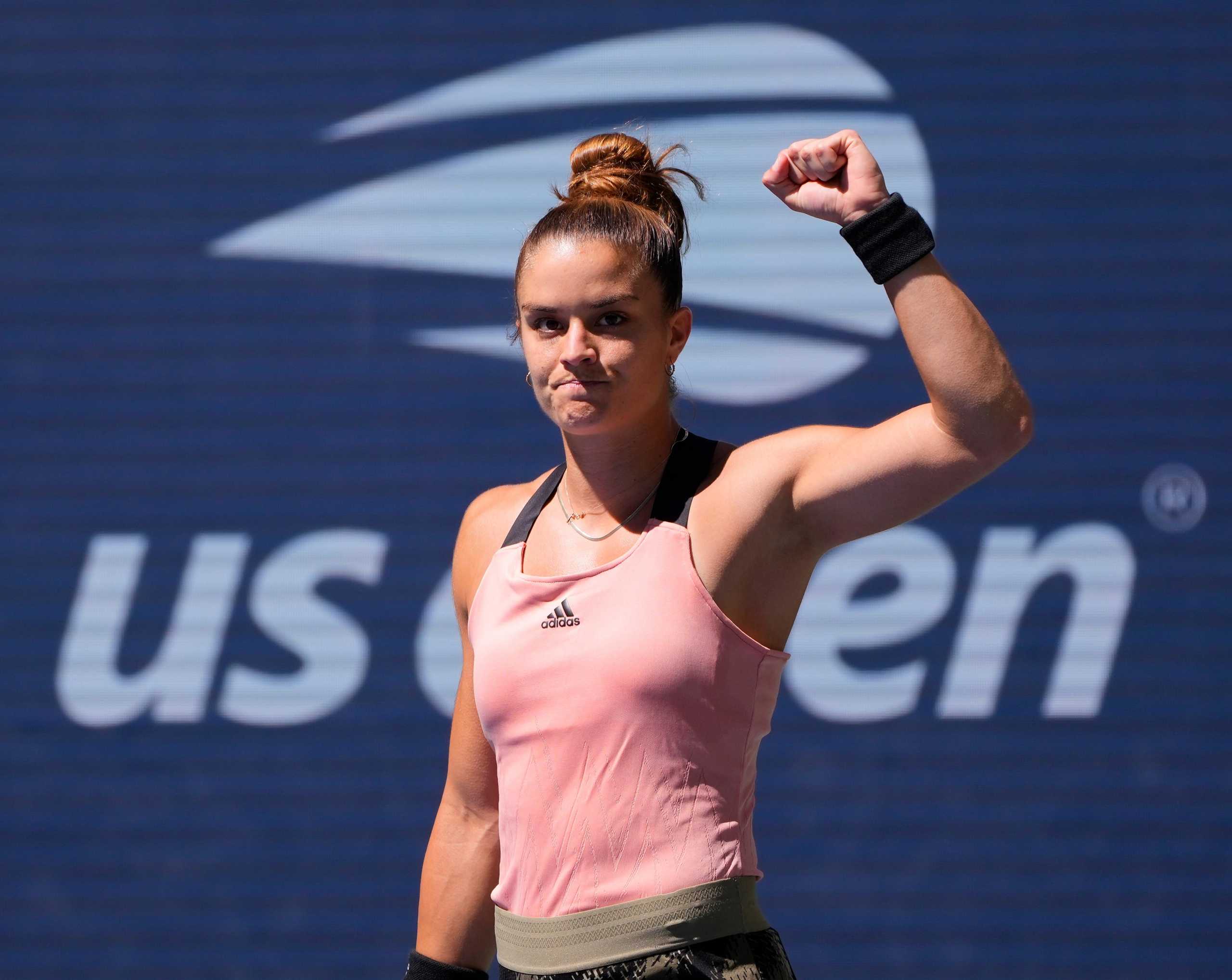 Sep 4, 2021; Flushing, NY, USA; Maria Sakkari of Greece celebrates after recording match point against Petra Kvitova of the Czech Republic on day six of the 2021 U.S. Open tennis tournament at USTA Billie Jean King National Tennis Center. Mandatory Credit: Robert Deutsch-USA TODAY Sports