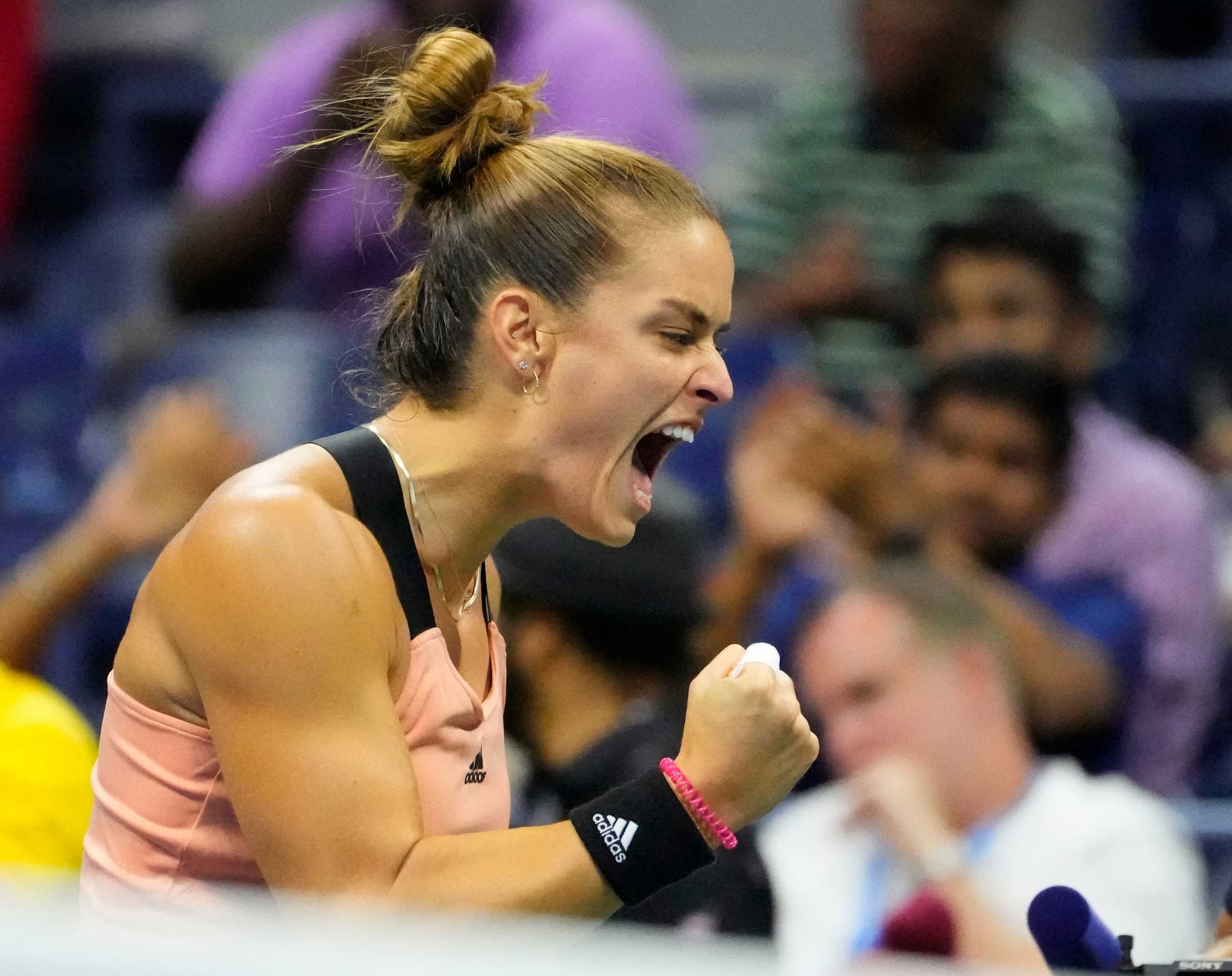 Sep 6, 2021; Flushing, NY, USA;  Maria Sakkari of Greece celebrate safter winning the second set against Bianca Andreescu of Canada on day eight of the 2021 U.S. Open tennis tournament at USTA Billie Jean King National Tennis Center. Mandatory Credit: Robert Deutsch-USA TODAY Sports