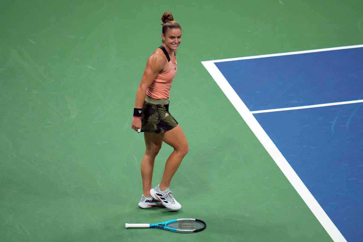 Sep 8, 2021; Flushing, NY, USA; Maria Sakkari of Greece reacts after winning a quarterfinal match against Karolina Pliskova of Czech Republic on day ten of the 2021 U.S. Open tennis tournament at USTA Billie Jean King National Tennis Center. Mandatory Credit: Danielle Parhizkaran-USA TODAY Sports