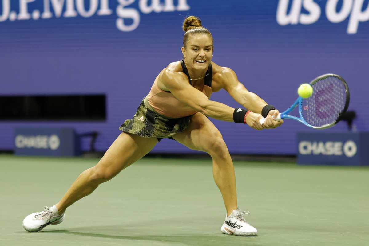 Sep 8, 2021; Flushing, NY, USA; Maria Sakkari of Greece reaches for a backhand against Karolina Pliskova of Czech Republic (not pictured) on day ten of the 2021 U.S. Open tennis tournament at USTA Billie Jean King National Tennis Center. Mandatory Credit: Geoff Burke-USA TODAY Sports