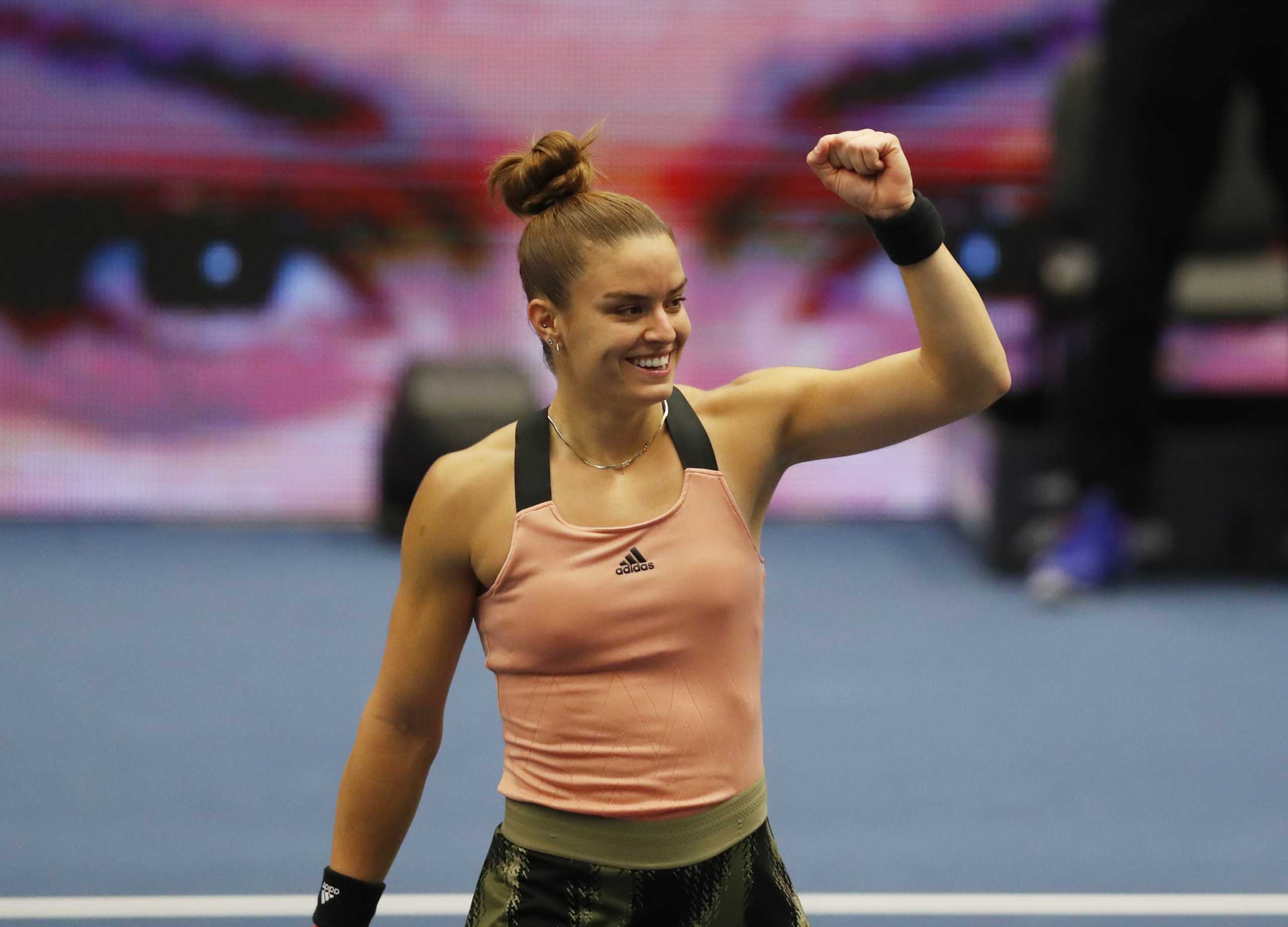 Tennis - WTA 500 - Ostrava Open - CEZ Arena, Ostrava, Czech Republic - September 25, 2021  Greece's Maria Sakkari reacts during her semi final match against Poland's Iga Swiatek REUTERS