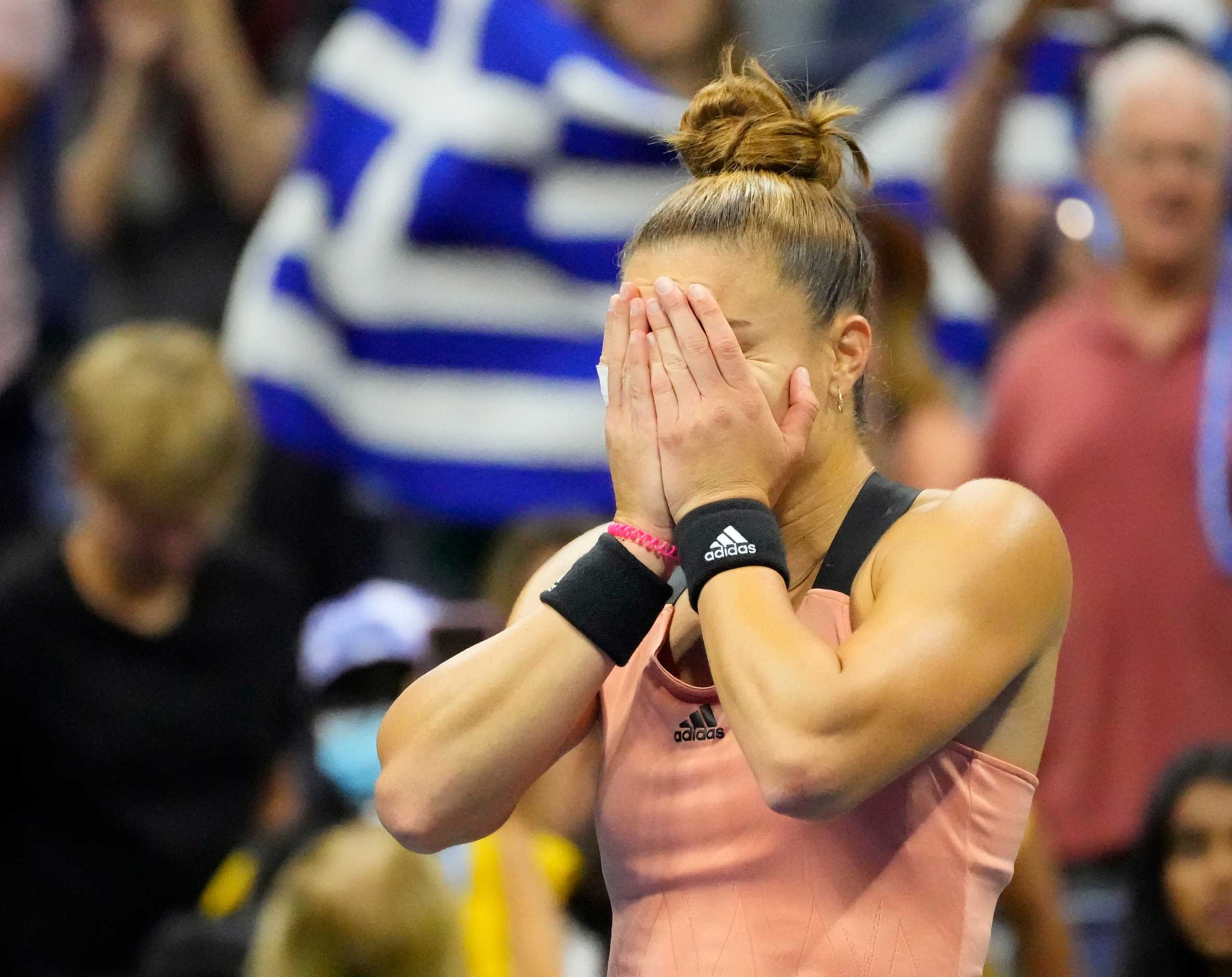 Sep 6, 2021; Flushing, NY, USA;  Maria Sakkari of Greece reacts after defeating Bianca Andreescu of Canada on day eight of the 2021 U.S. Open tennis tournament at USTA Billie Jean King National Tennis Center. Mandatory Credit: Robert Deutsch-USA TODAY Sports