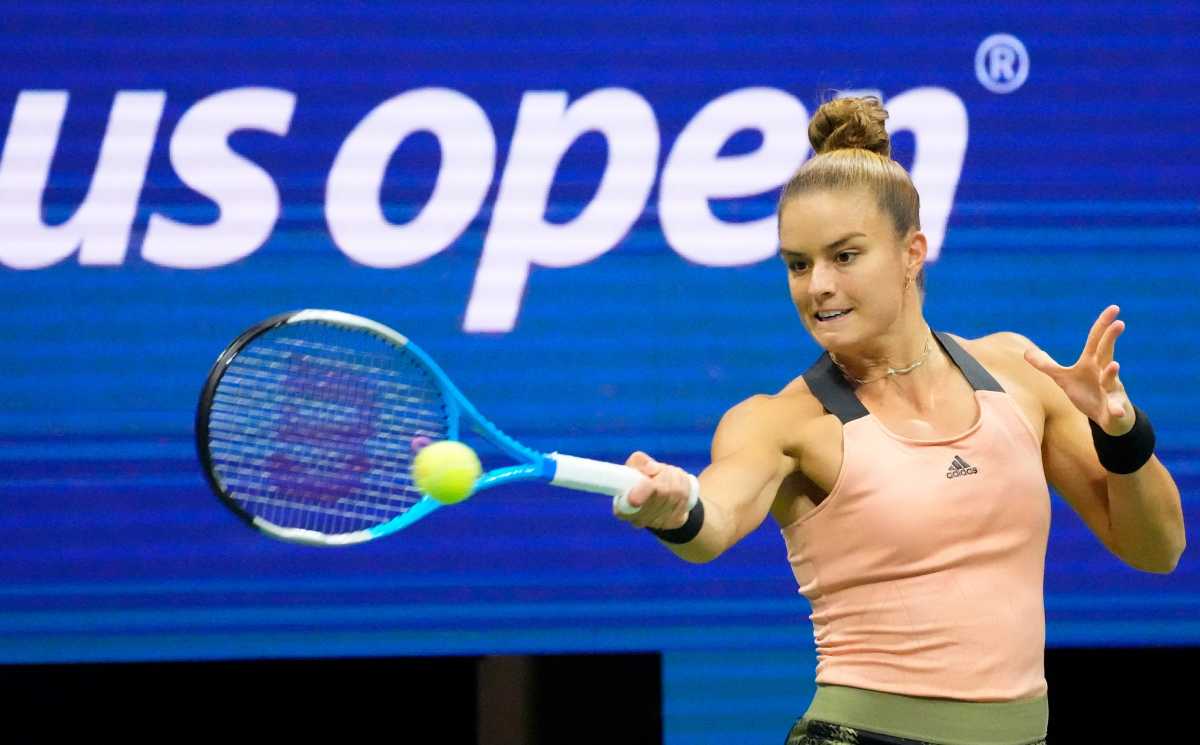 Sep 6, 2021; Flushing, NY, USA;  Maria Sakkari of Greece hits to Bianca Andreescu of Canada on day eight of the 2021 U.S. Open tennis tournament at USTA Billie Jean King National Tennis Center. Mandatory Credit: Robert Deutsch-USA TODAY Sports