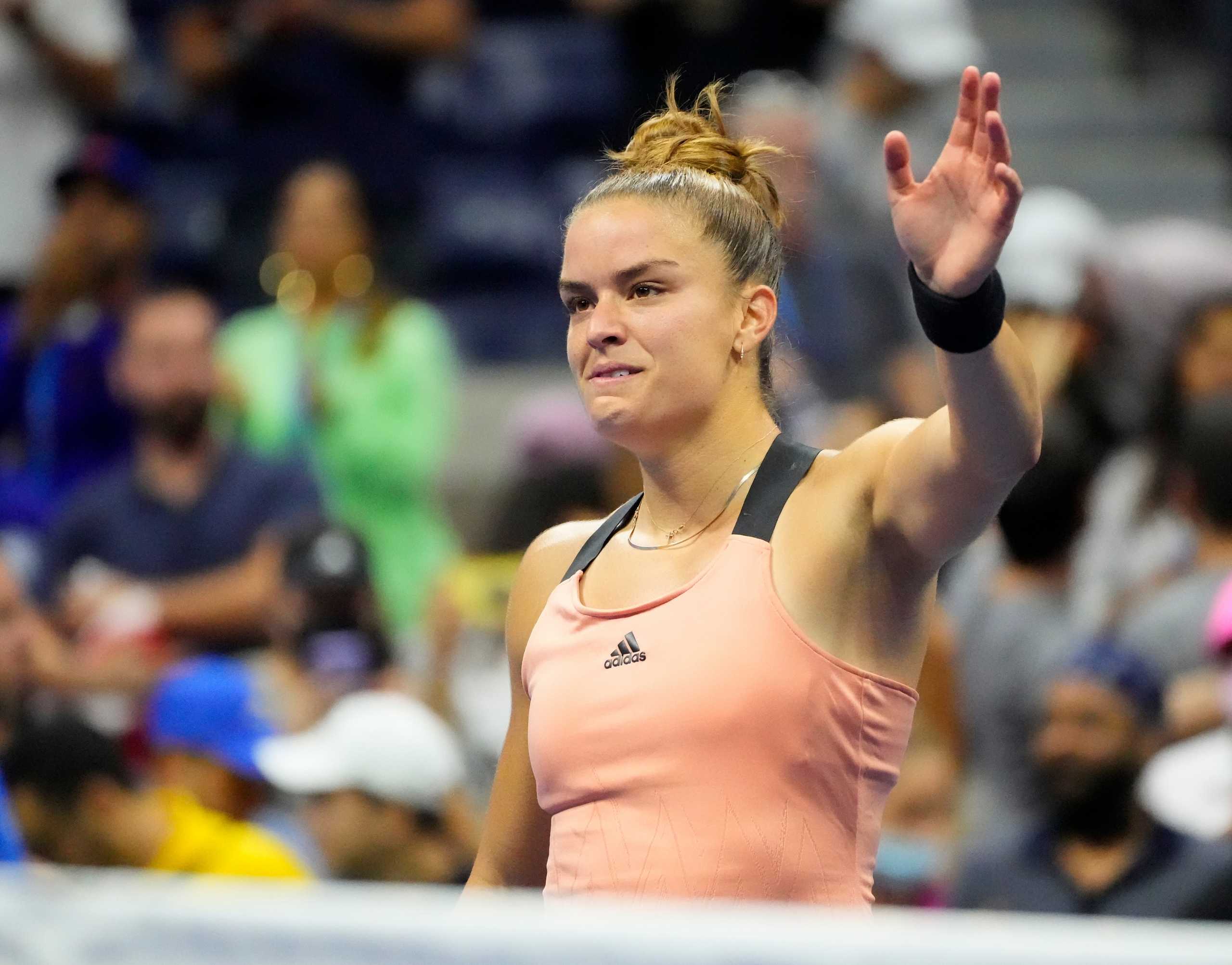 Sep 6, 2021; Flushing, NY, USA;  Maria Sakkari of Greece reacts after defeating Bianca Andreescu of Canada on day eight of the 2021 U.S. Open tennis tournament at USTA Billie Jean King National Tennis Center. Mandatory Credit: Robert Deutsch-USA TODAY Sports