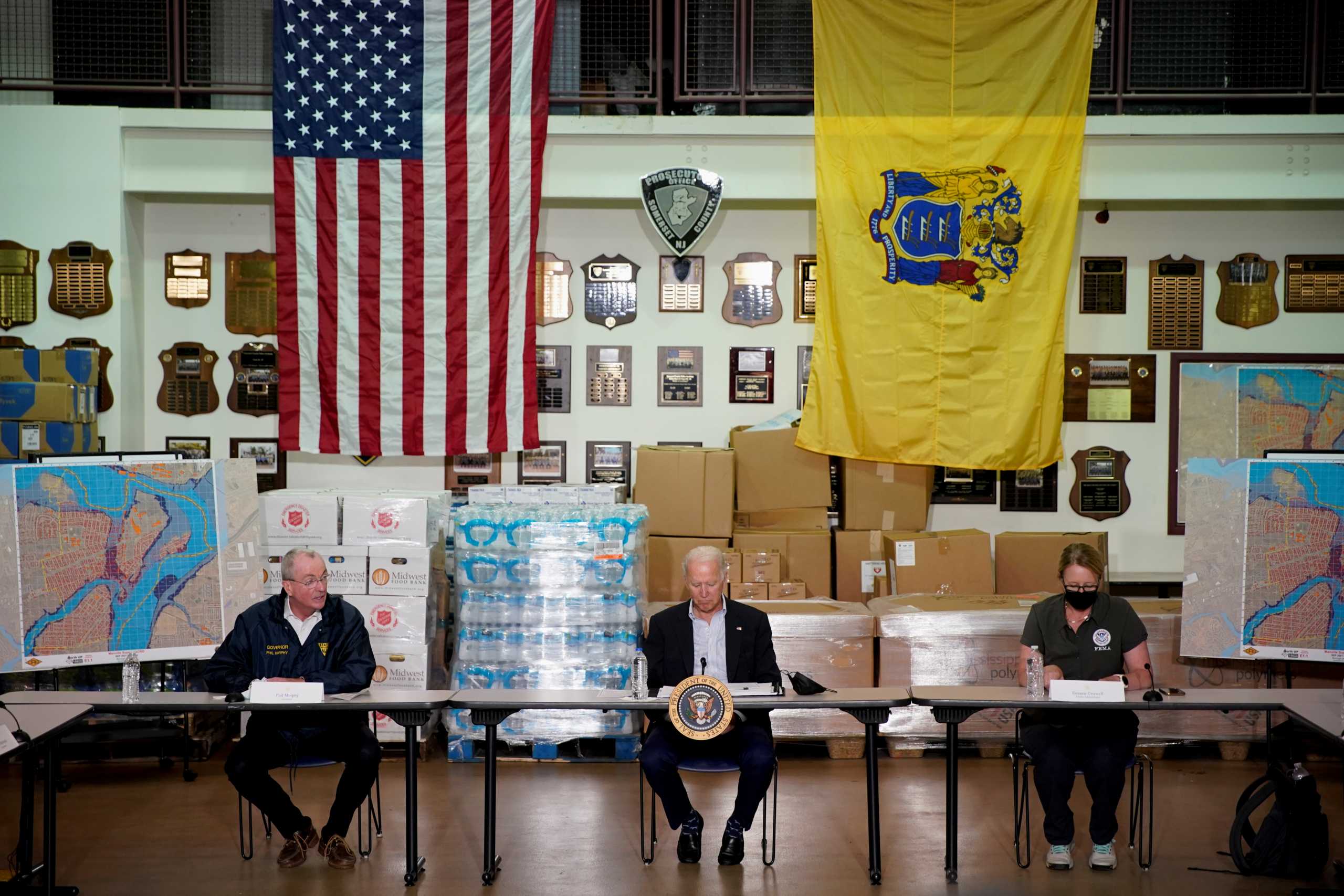 U.S. President Joe Biden, Governor Phil Murphy and FEMA administrator Deanne Criswell participate in a briefing by local leaders on the impact of the remnants of Tropical Storm Ida at Somerset County Emergency Management Training Center in Hillsborough Township, New Jersey, U.S., September 7, 2021. REUTERS