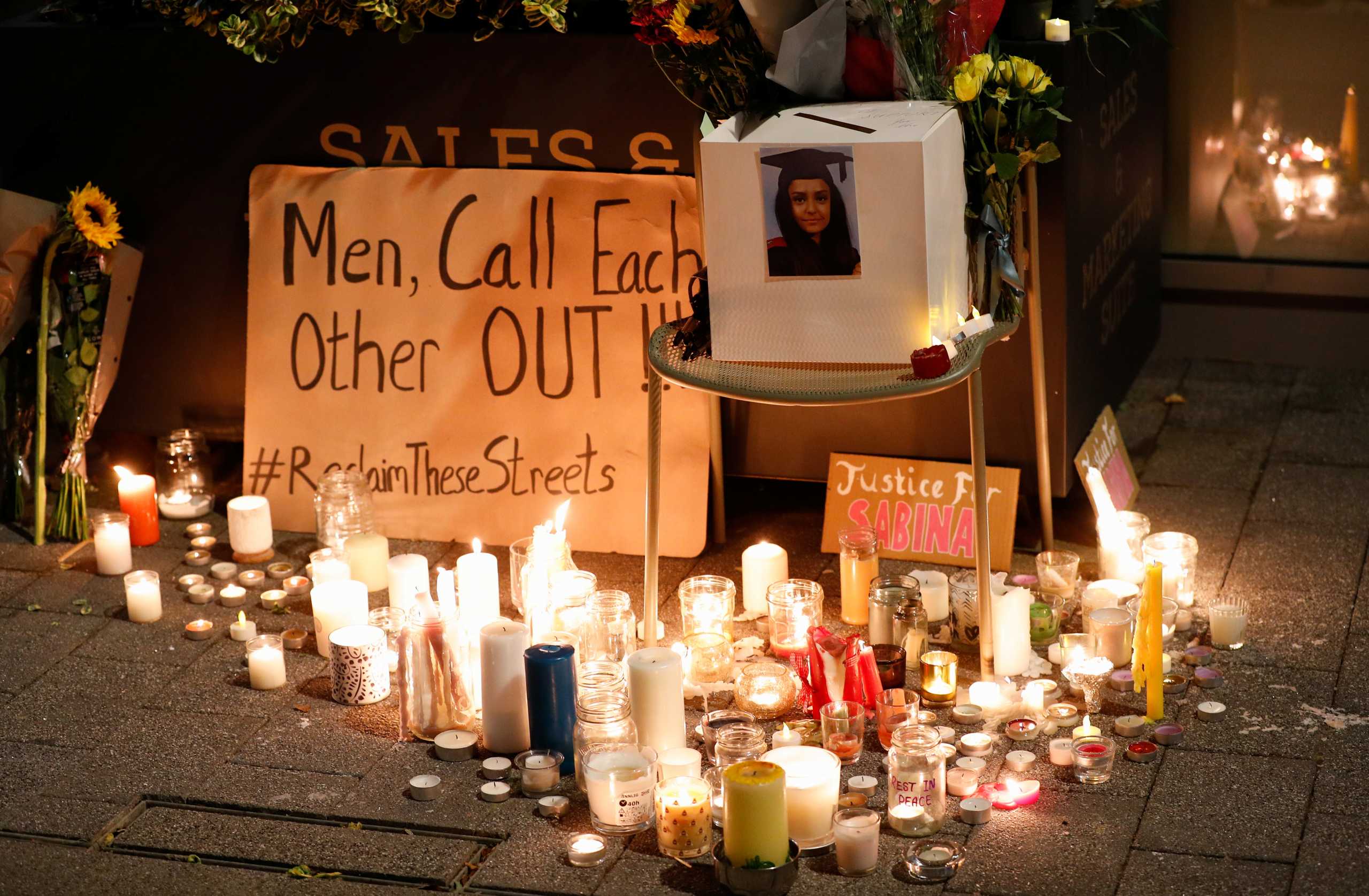 A makeshift memorial is seen during a vigil in memory of Sabina Nessa, a teacher who was murdered in Pegler Square, in London, Britain September 24, 2021. REUTERS