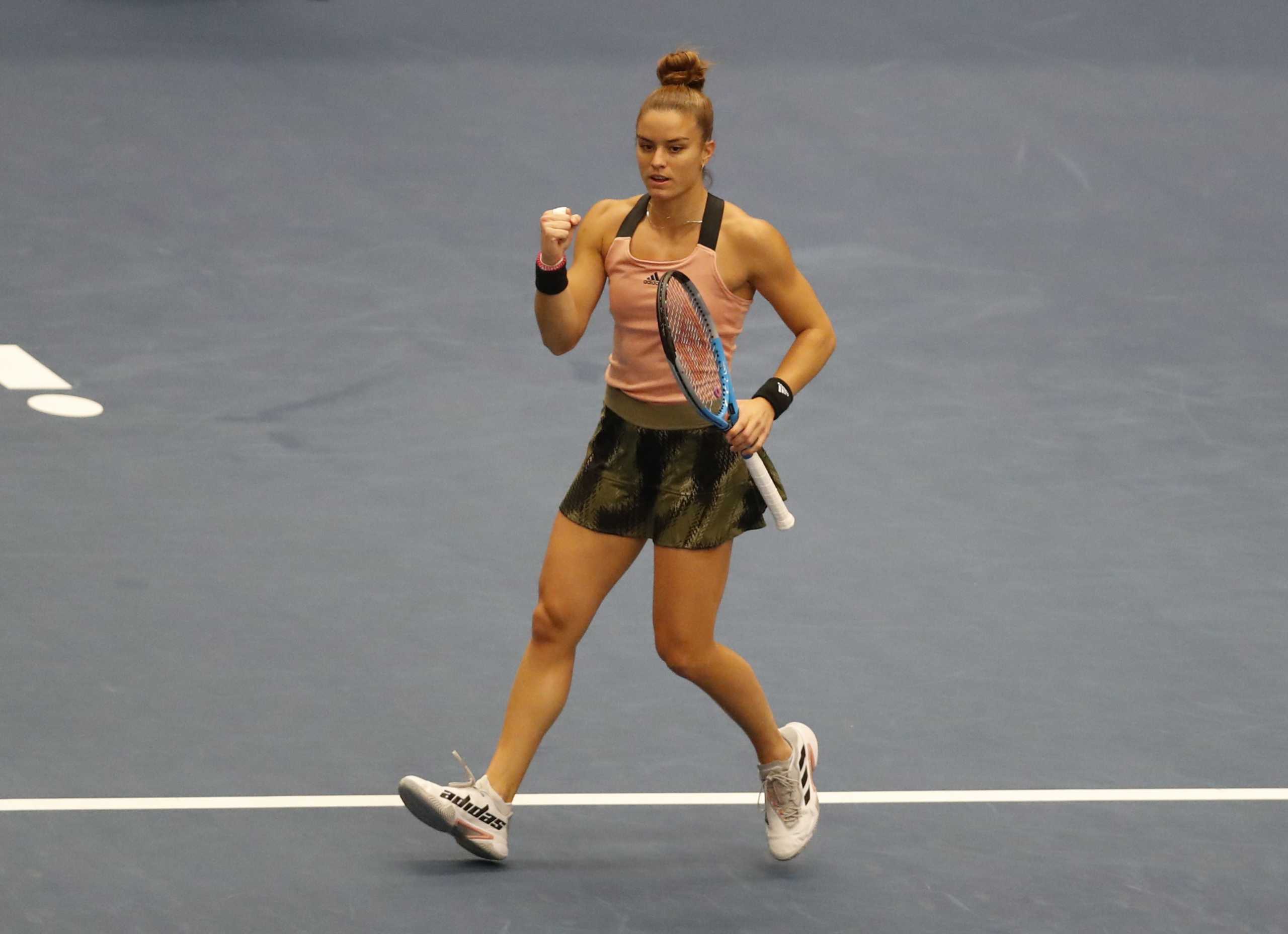 Tennis - WTA 500 - Ostrava Open - CEZ Arena, Ostrava, Czech Republic - September 23, 2021 Greece's Maria Sakkari reacts during her round of 16 match against Latvia's Jelena Ostapenko REUTERS