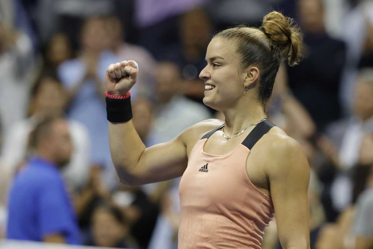 Sep 8, 2021; Flushing, NY, USA; Maria Sakkari of Greece celebrates after her match against Karolina Pliskova of Czech Republic (not pictured) on day ten of the 2021 U.S. Open tennis tournament at USTA Billie Jean King National Tennis Center. Mandatory Credit: Geoff Burke-USA TODAY Sports
