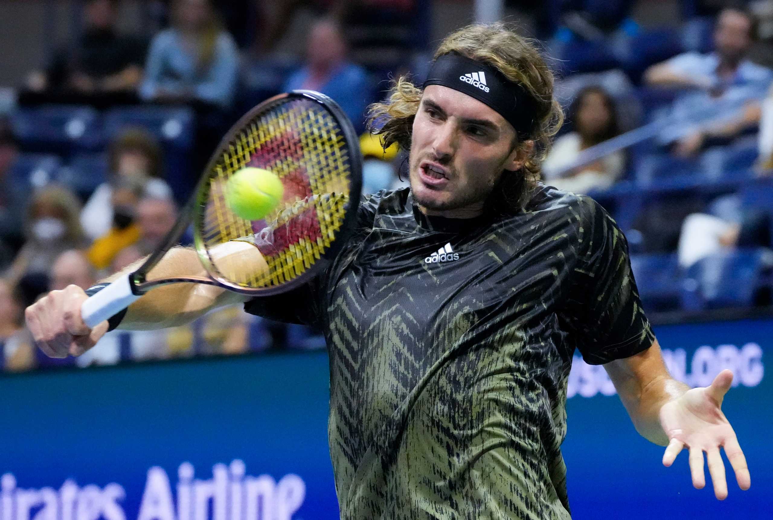 Sep 1, 2021; Flushing, NY, USA; Stefanos Tsitsipas of Greece hits to Adrian Mannarino of France on day three of the 2021 U.S. Open tennis tournament at USTA Billie King National Tennis Center. Mandatory Credit: Robert Deutsch-USA TODAY Sports