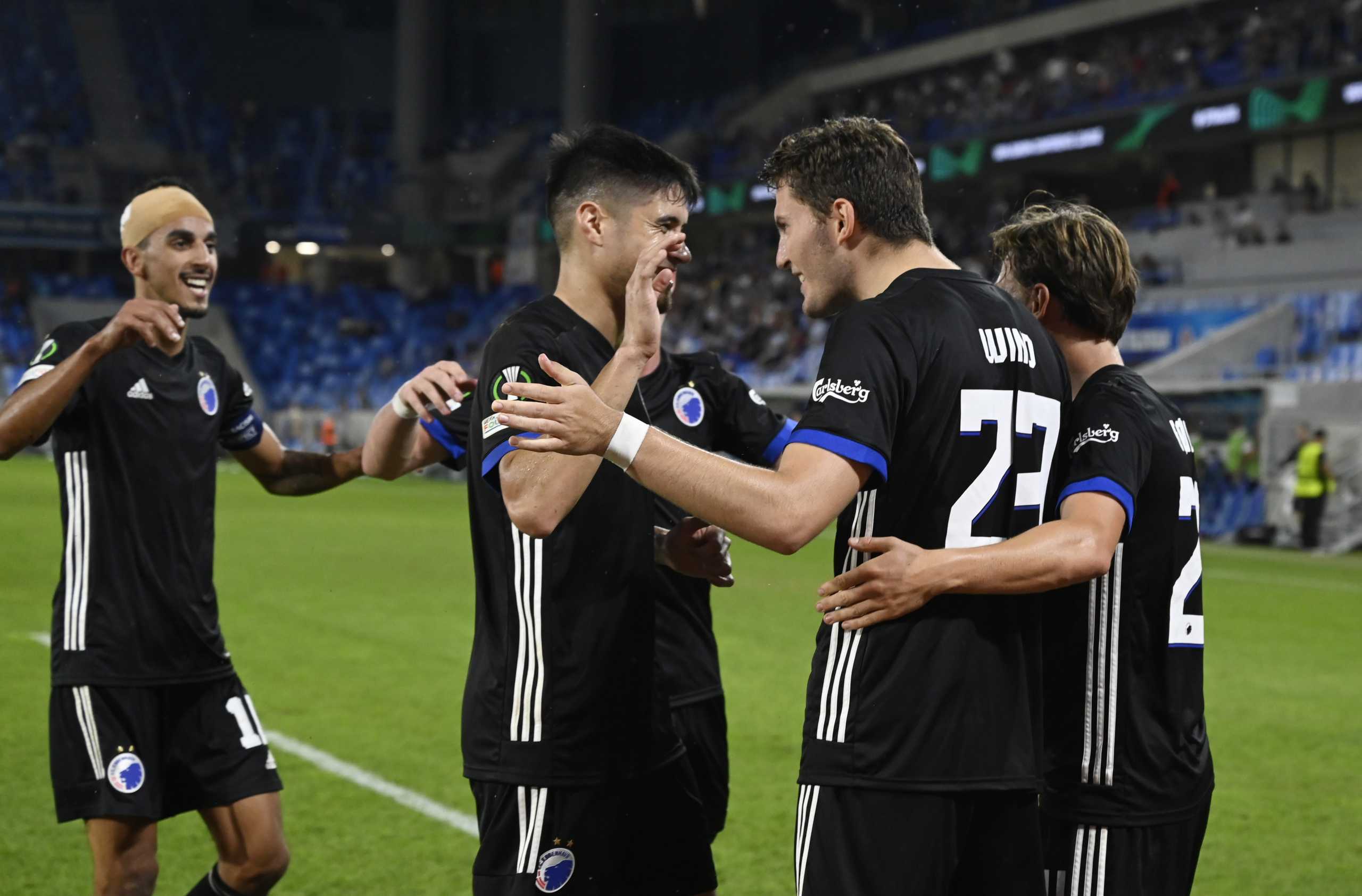 Soccer Football - Europa Conference League - Group F - Slovan Bratislava v FC Copenhagen - Tehelne pole, Bratislava, Slovakia - September 16, 2021 FC Copenhagen's Jonas Wind celebrates scoring their third goal with teammates REUTERS