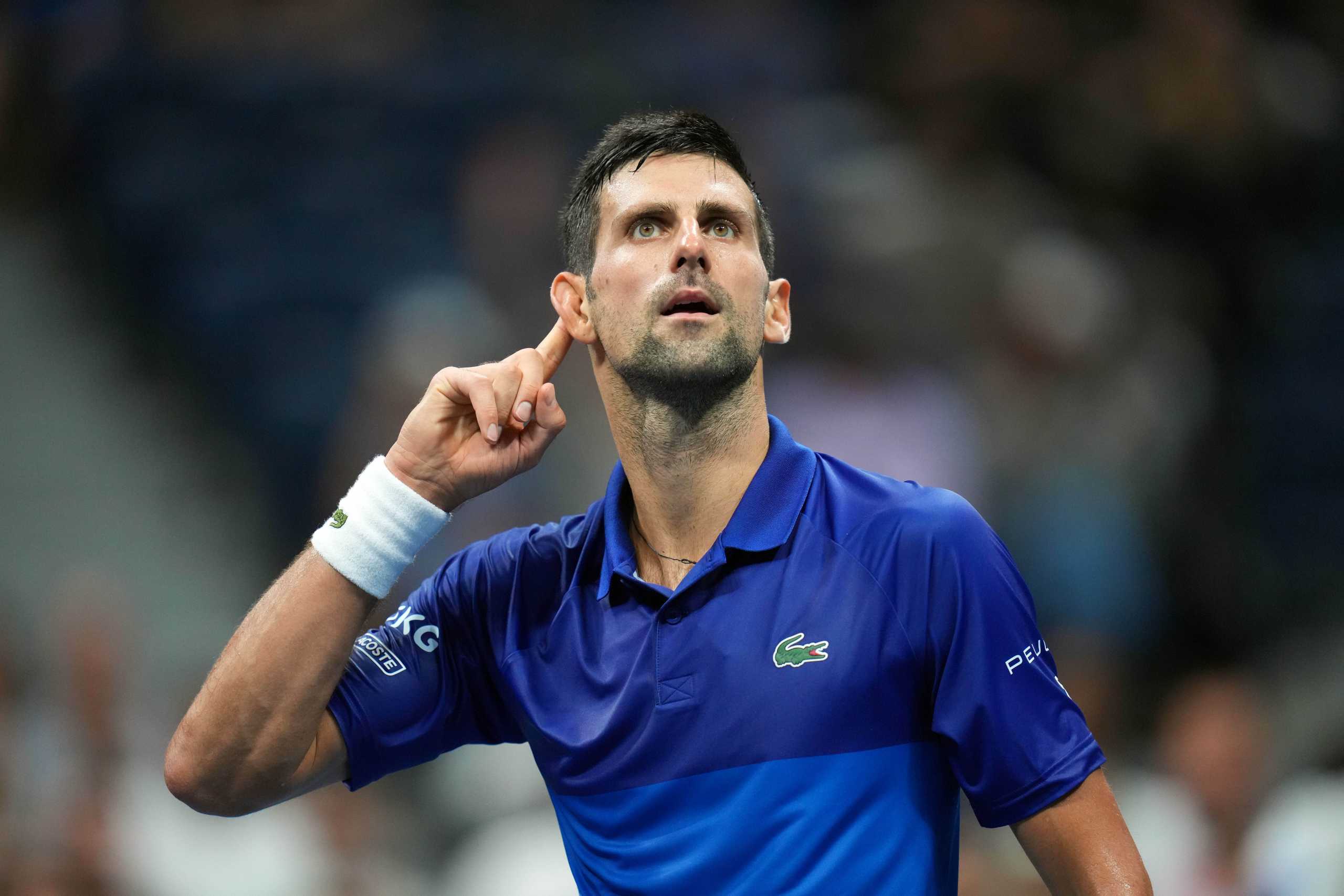 Sep 8, 2021; Flushing, NY, USA; Novak Djokovic of Serbia gestures to the crowd after winning a game in the third set against Matteo Berrettini of Italy on day ten of the 2021 U.S. Open tennis tournament at USTA Billie Jean King National Tennis Center. Mandatory Credit: Danielle Parhizkaran-USA TODAY Sports