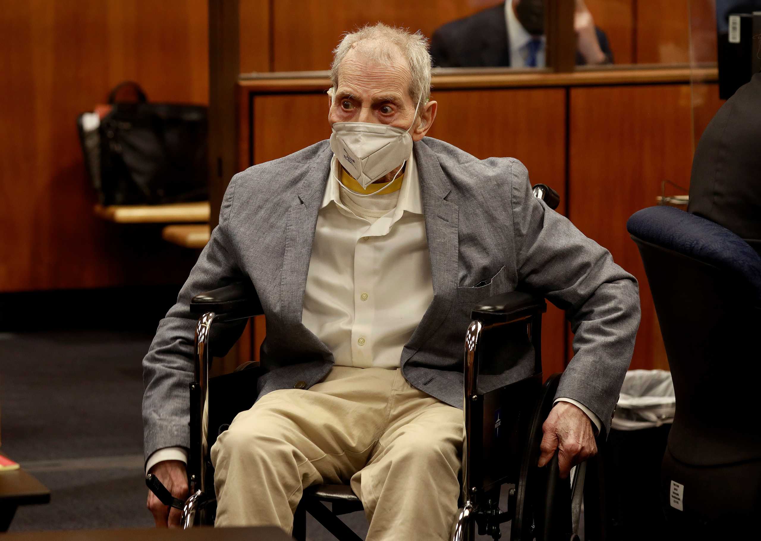 FILE PHOTO: Robert Durst in his wheelchair looks at people in the courtroom as he appears in an Inglewood courtroom with his attorneys for closing arguments in his murder trial at the Inglewood Courthouse in California, U.S., September 8, 2021.  Al Sieb