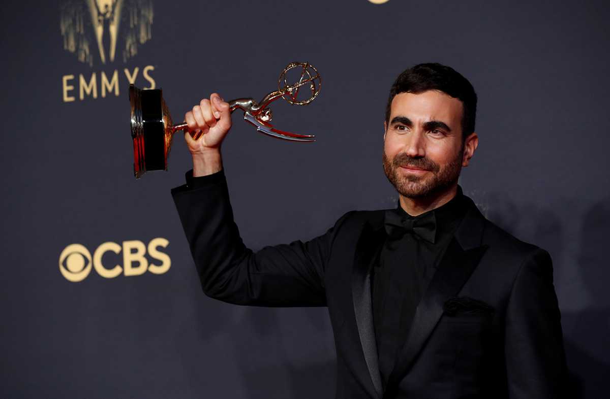Brett Goldstein poses for a picture with the award for outstanding supporting actor in a comedy series, for "Ted Lasso", at the 73rd Primetime Emmy Awards in Los Angeles, U.S., September 19, 2021. REUTERS