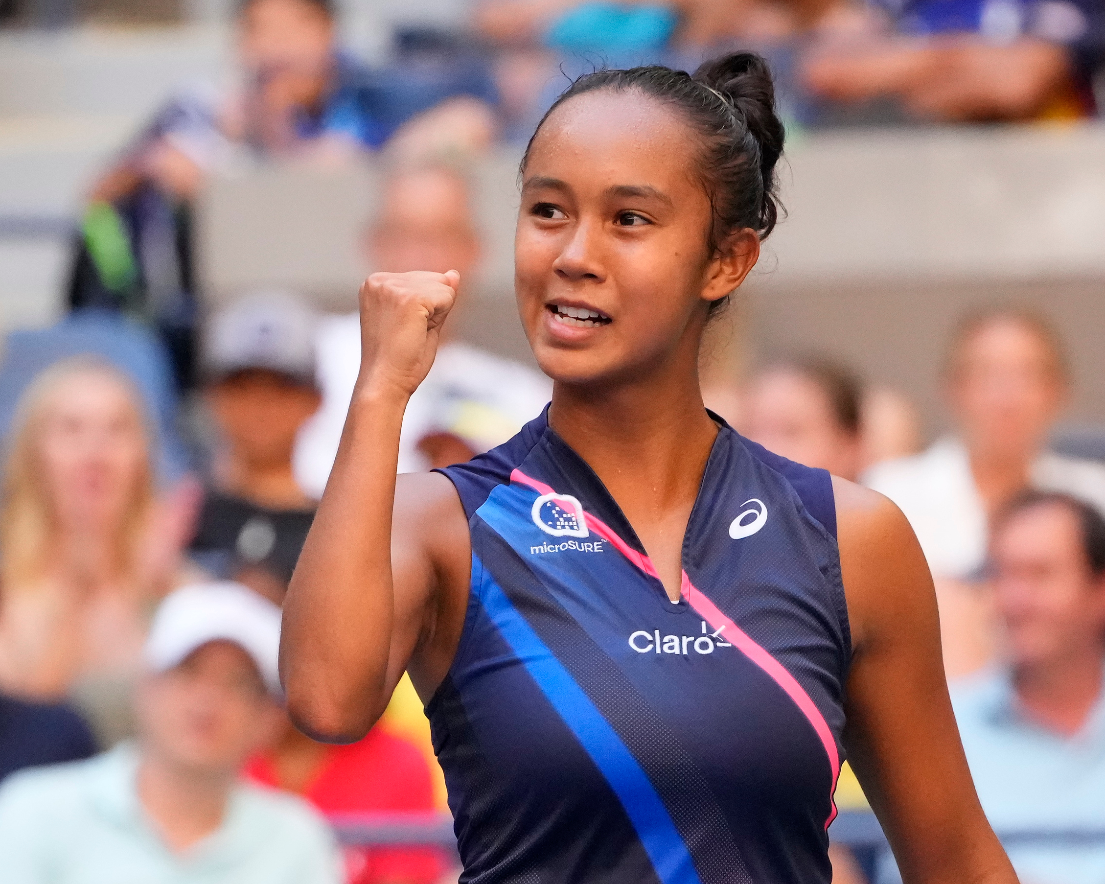 Sep 7, 2021; Flushing, NY, USA; Leylah Fernandez of Canada celebrates a winner against  Elina Svitolina of Ukraine on day nine of the 2021 U.S. Open tennis tournament at USTA Billie Jean King National Tennis Center. Mandatory Credit: Robert Deutsch-USA TODAY Sports