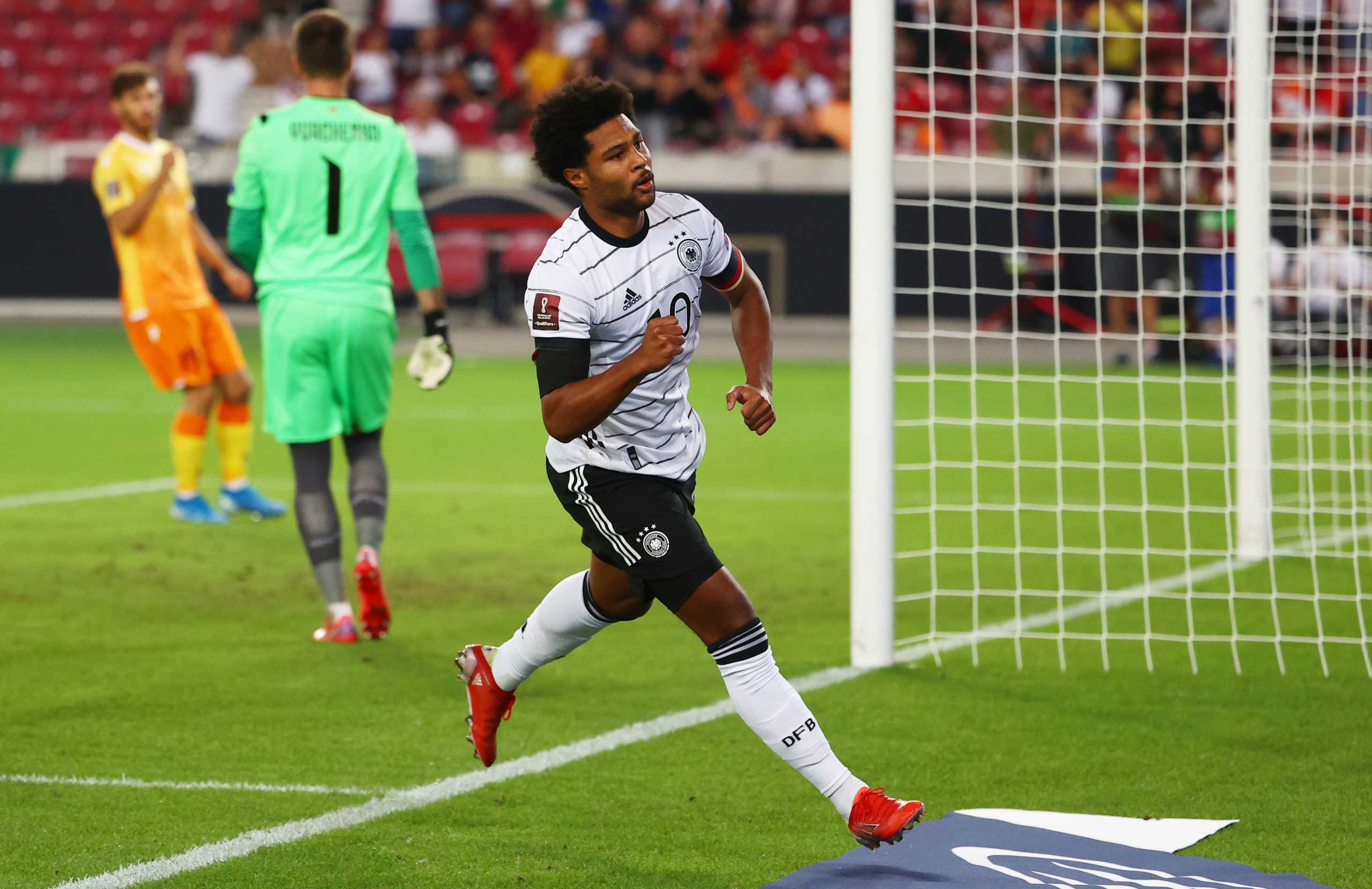 Soccer Football - World Cup - UEFA Qualifiers - Group J - Germany v Armenia - Mercedes-Benz Arena, Stuttgart, Germany - September 5, 2021  Germany's Serge Gnabry celebrates scoring their first goal REUTERS