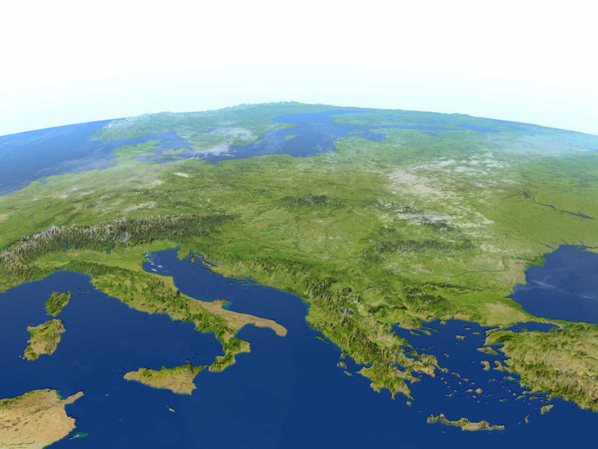 Adriatic sea region. 3D illustration with detailed planet surface. 3D model of planet created and rendered in Cheetah3D software, 9 Mar 2017. Some layers of planet surface use textures furnished by NASA, Blue Marble collection: http: