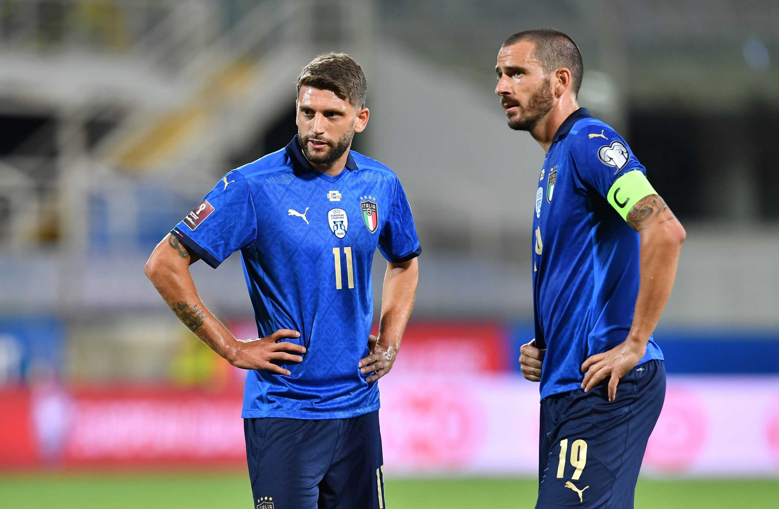 Soccer Football - World Cup - UEFA Qualifiers - Group C - Italy v Bulgaria - Stadio Artemio Franchi, Florence, Italy - September 2, 2021  Italy's Leonardo Bonucci and Domenico Berardi look on REUTERS