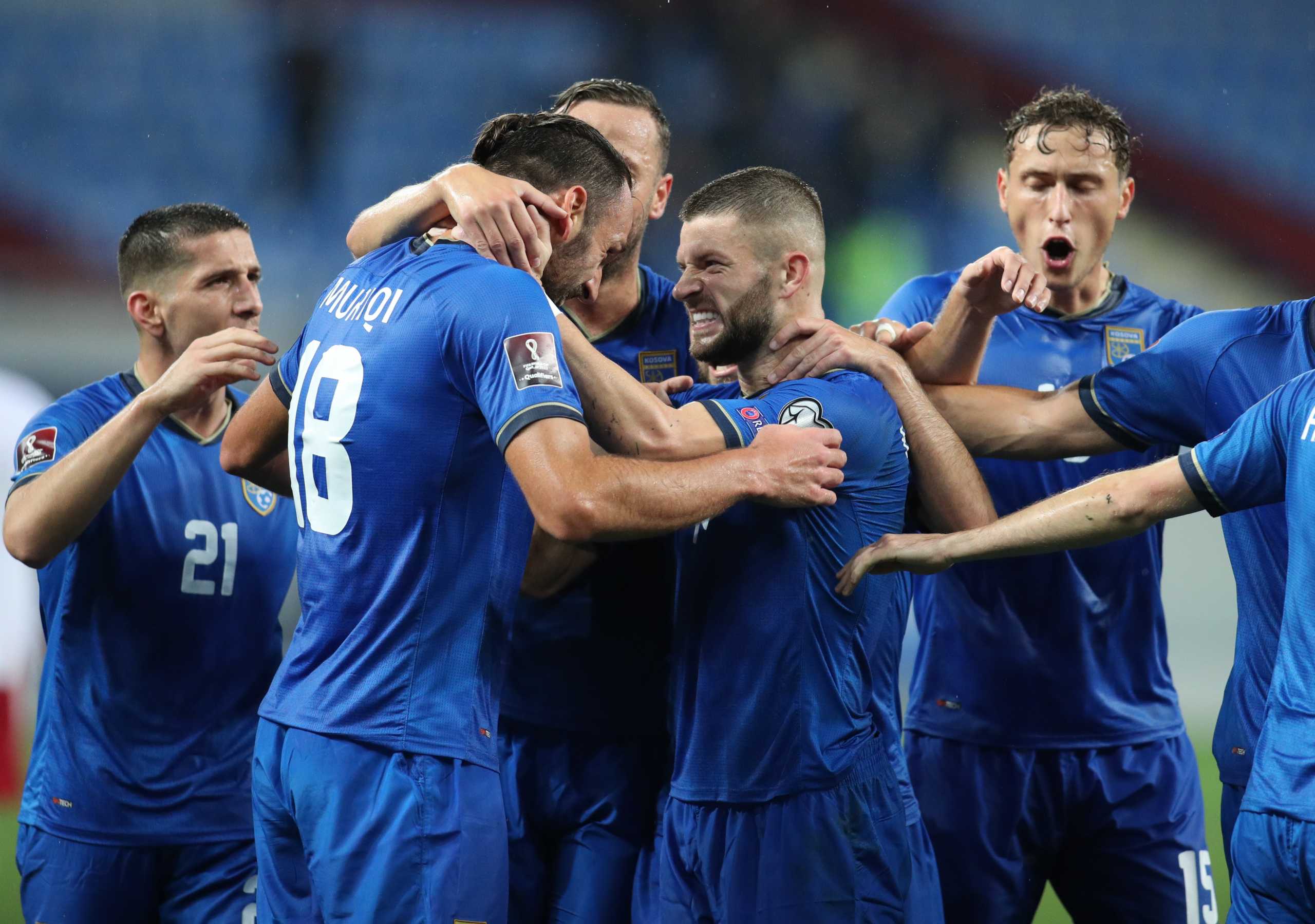Soccer Football - World Cup - UEFA Qualifiers - Group B - Georgia v Kosovo - Batumi Arena, Batumi, Georgia - September 2, 2021  Kosovo's Vedat Muriqi celebrates an own goal scored by Georgia's Davit Khocholava with teammates REUTERS