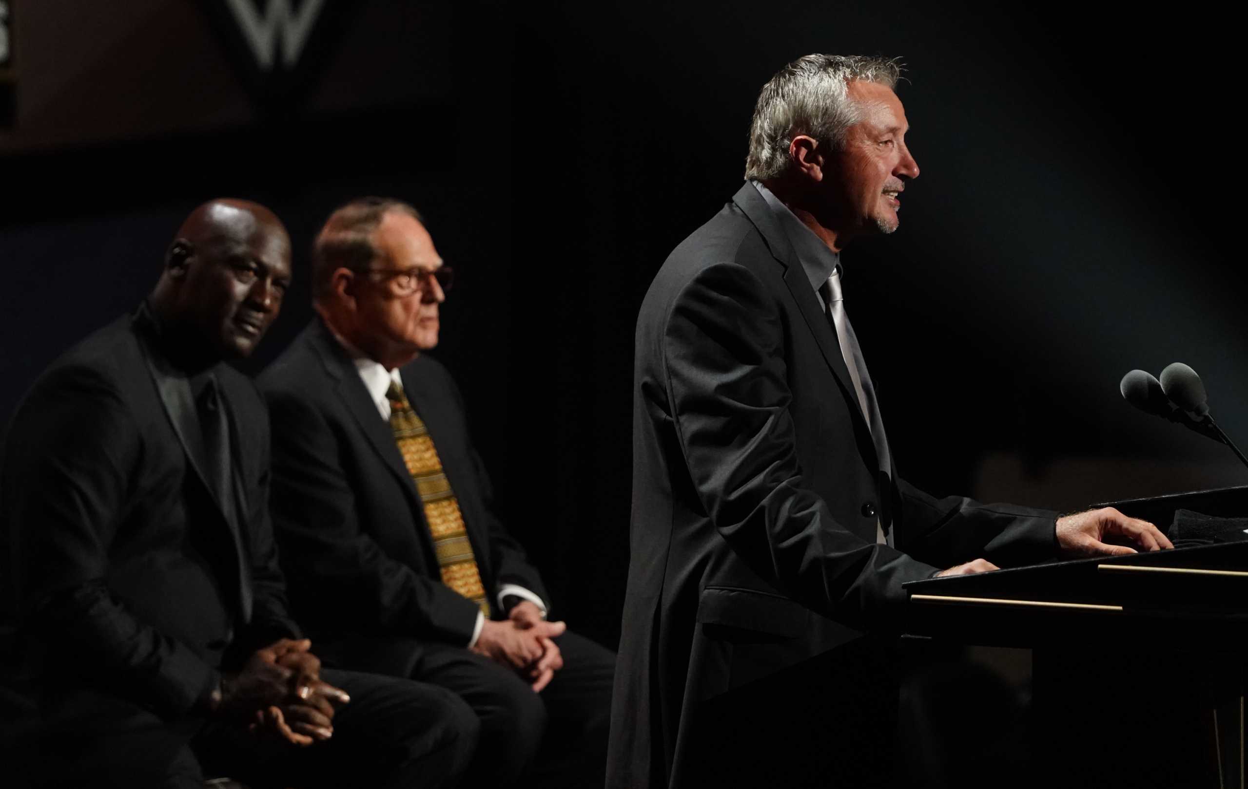Sep 11, 2021; Springfield, MA, USA; Class of 2021 inductee Toni Kukoc speaks alongside presenters Michael Jordan and Jerry Reinsdorf during the Naismith Memorial Basketball Hall of Fame Enshrinement at MassMutual Center. Mandatory Credit: David Butler II-USA TODAY Sports