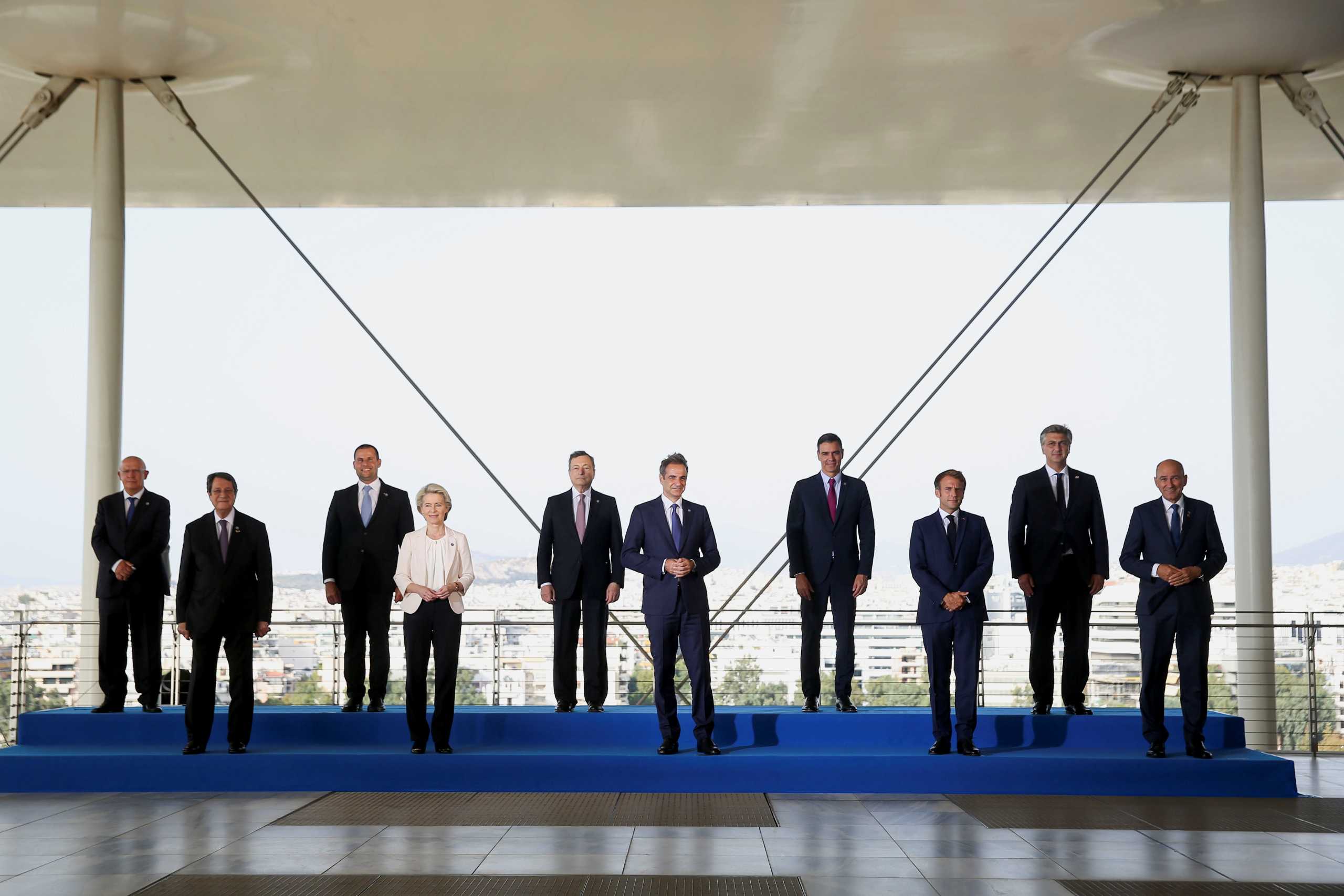 Portugal's Foreign Minister Augusto Santos Silva, Cyprus' President Nicos Anastasiades, Malta's Prime Minister Robert Abela, European Commission President Ursula von der Leyen, Italy's Prime Minister Mario Draghi, Greek Prime Minister Kyriakos Mitsotakis, Spain's Prime Minister Pedro Sanchez, French President Emmanuel Macron, Croatia's Prime Minister Andrej Plenkovic and Slovenian Prime Minister Janez Jansa pose for a picture as they meet for the 8th MED7 Mediterranean countries summit, in Athens, Greece, September 17, 2021. REUTERS