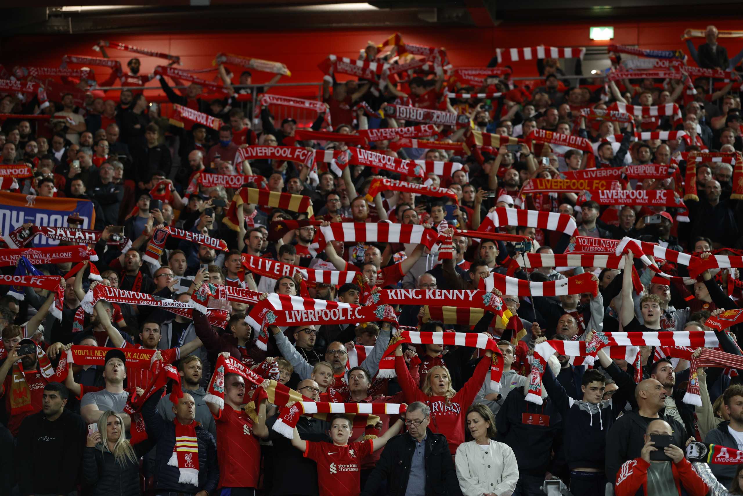 Soccer Football - Champions League - Group B - Liverpool v AC Milan - Anfield, Liverpool, Britain - September 15, 2021 Liverpool fans inside the stadium before the match REUTERS