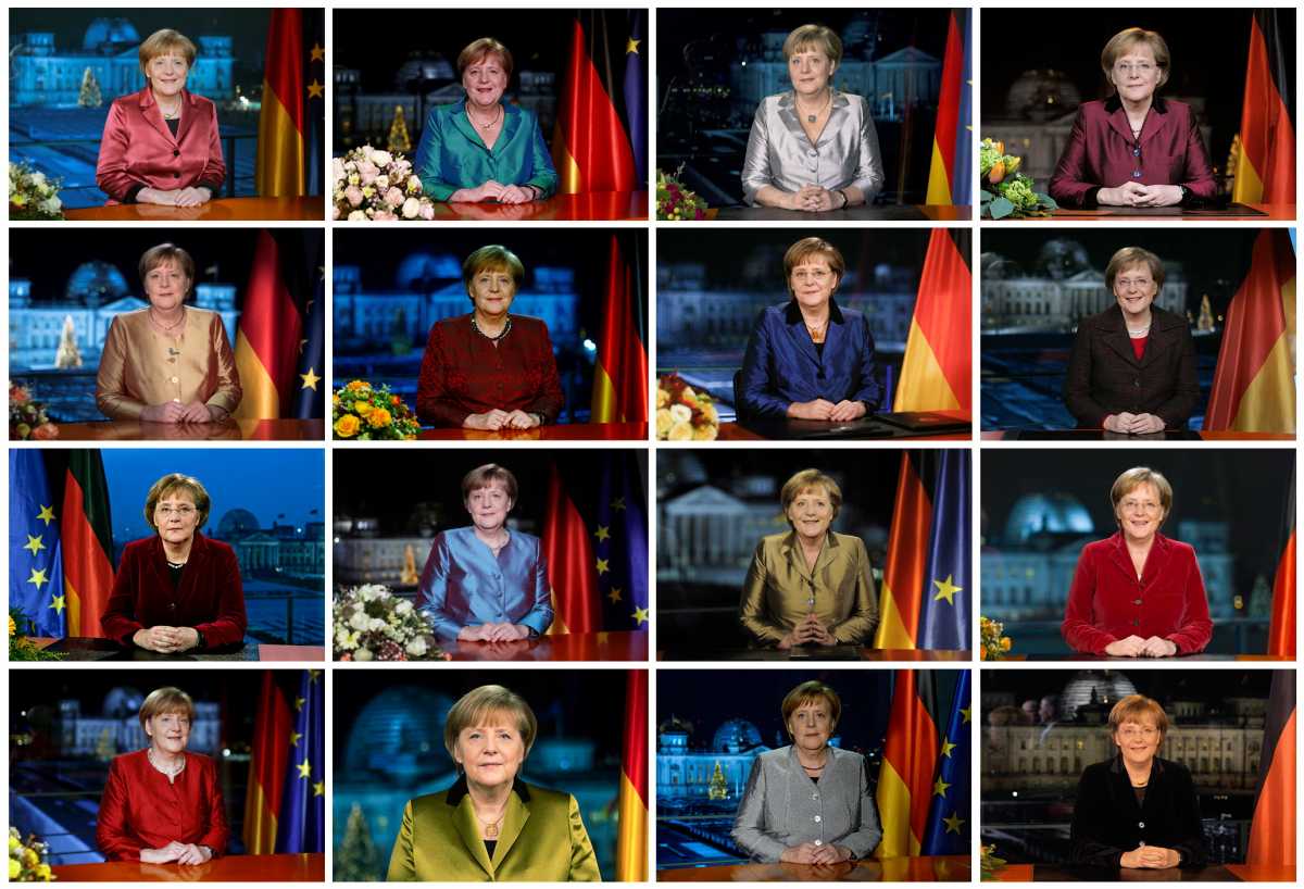 A combination picture shows German Chancellor Angela Merkel posing for photographs after the various television recordings of her annual New Year's speech at the chancellery. It is a look back at Angela Merkel's 16-year term as Germany's chancellor ahead of the upcoming federal election in which she will no longer run as a candidate for chancellor. Pictures taken from December 2005 to December 2020. REUTERS