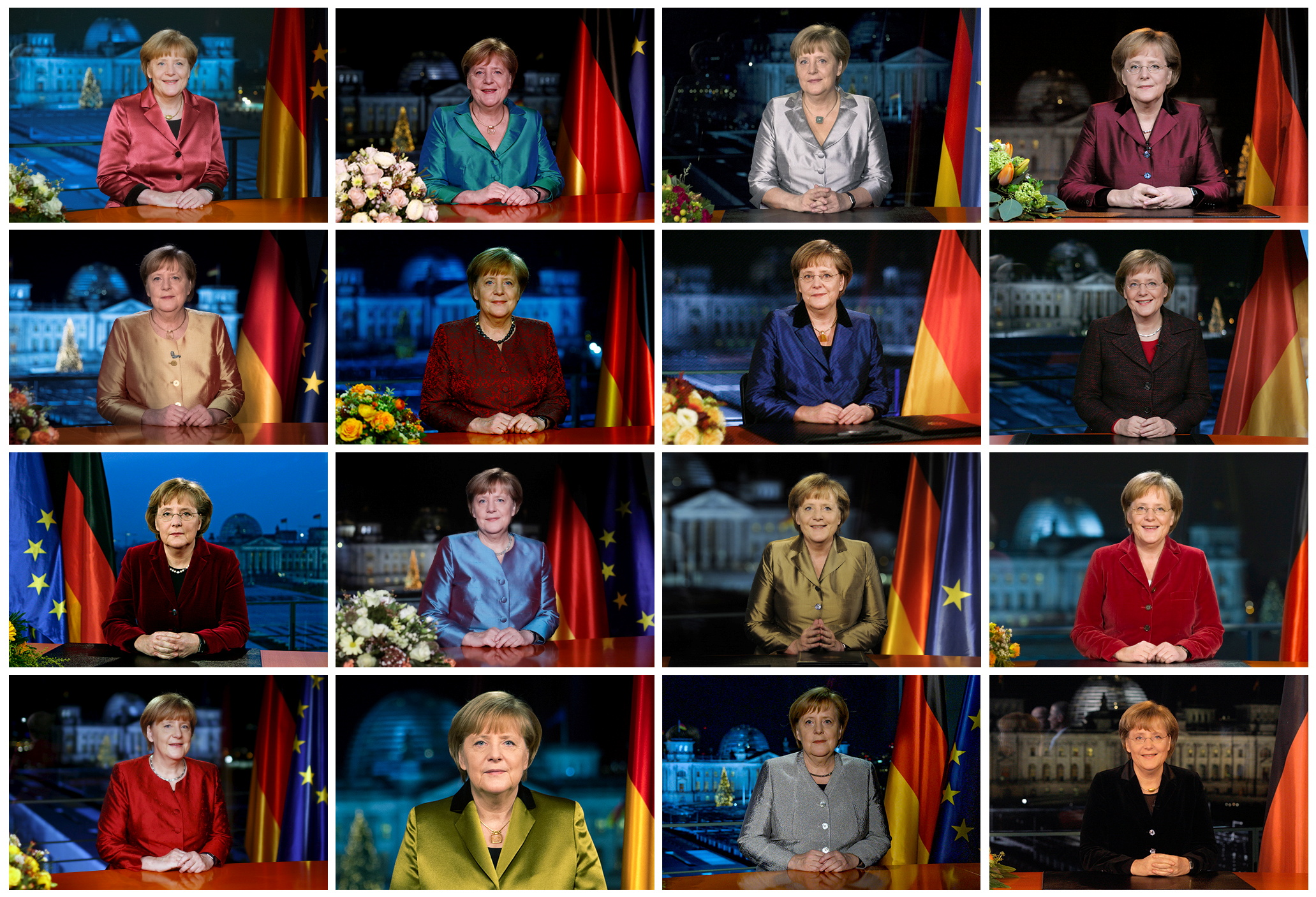 A combination picture shows German Chancellor Angela Merkel posing for photographs after the various television recordings of her annual New Year's speech at the chancellery. It is a look back at Angela Merkel's 16-year term as Germany's chancellor ahead of the upcoming federal election in which she will no longer run as a candidate for chancellor. Pictures taken from December 2005 to December 2020. REUTERS