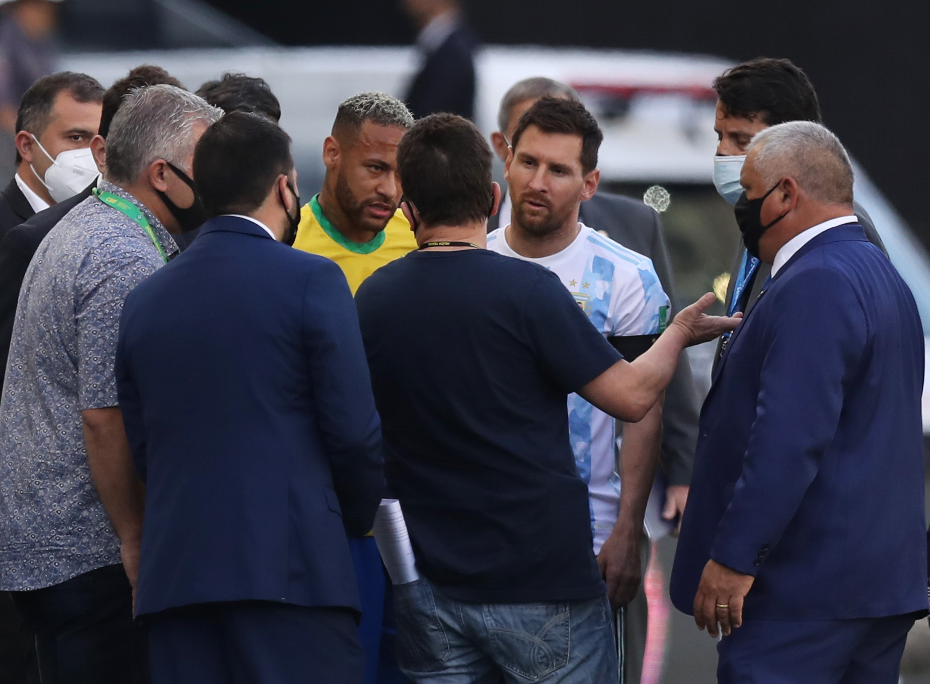Soccer Football - World Cup - South American Qualifiers - Brazil v Argentina - Arena Corinthians, Sao Paulo, Brazil - September 5, 2021 Argentina's Lionel Messi and Brazil's Neymar during an interruption in play REUTERS